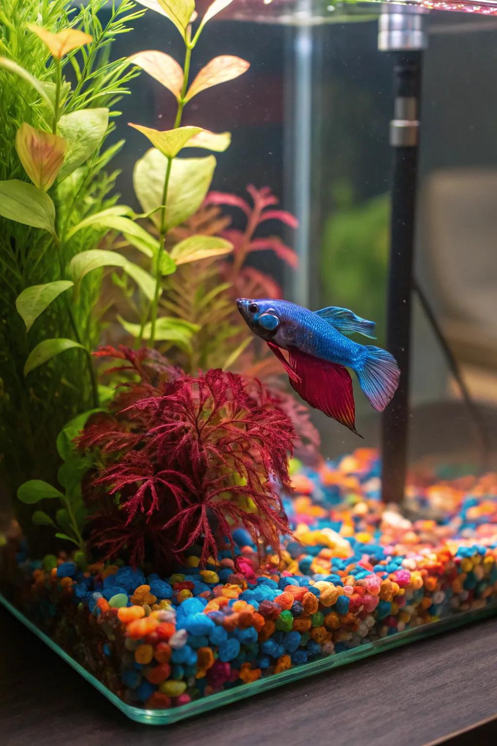 A hue burst of life within a betta habitat.