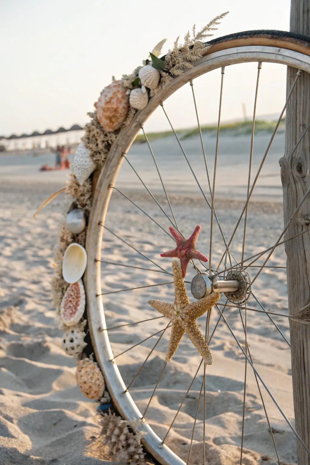 A beach-inspired bike wheel decoration with seashells and sea stars for a coastal vibe.