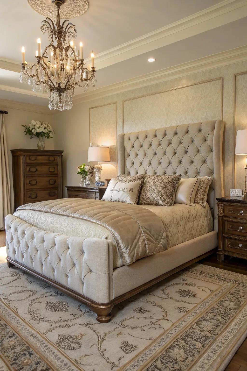 A luxurious bedroom with a large upholstered bed and refined furnishings.