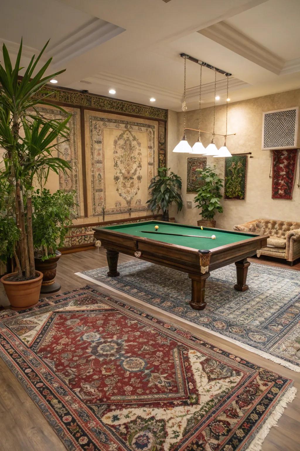 Finishing touches like rugs and plants, adding warmth to a billiard room.