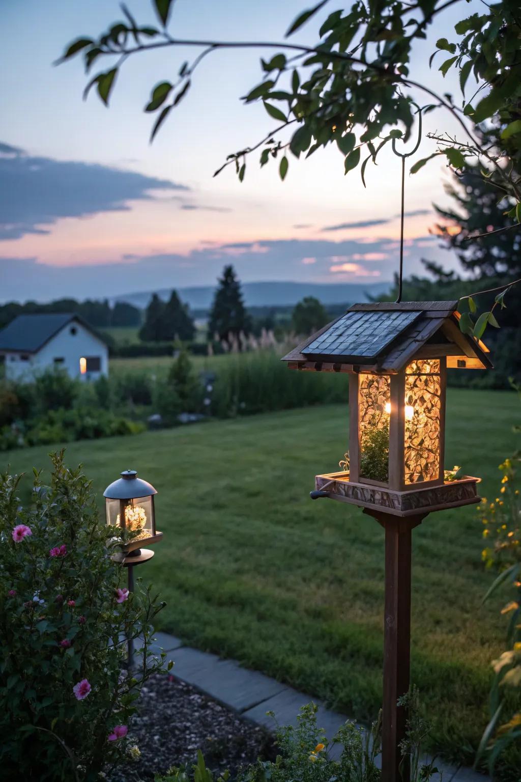 A sun-powered feeder that illuminates the garden when night falls.