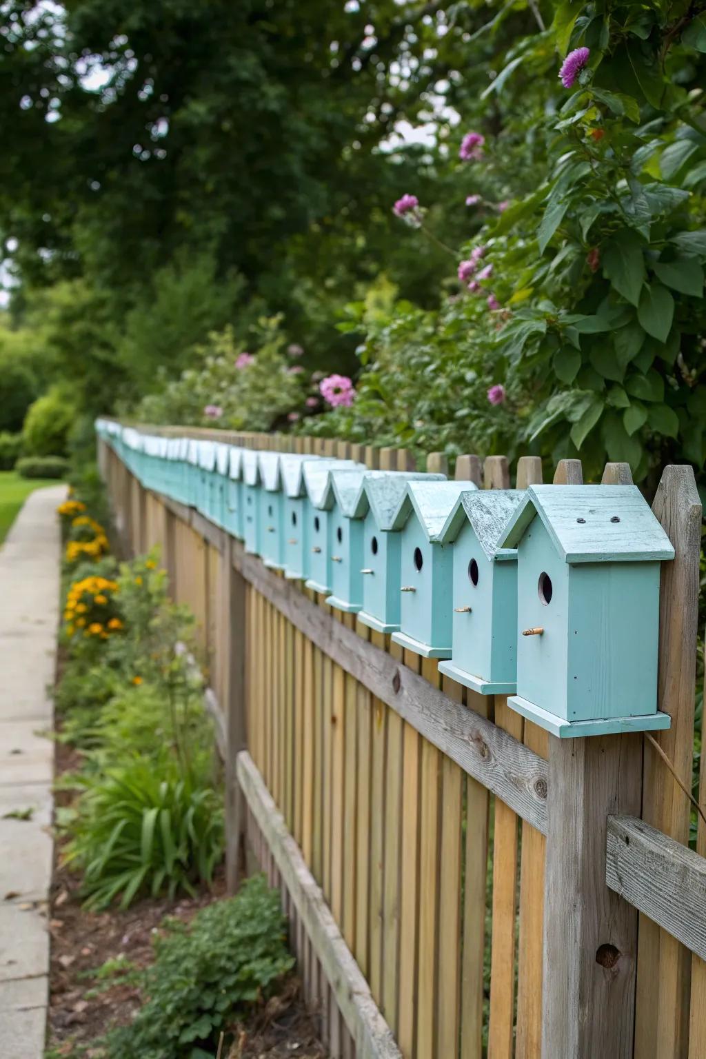An extended row of bird dwellings furnishes a continuous ornamental element to the fence.