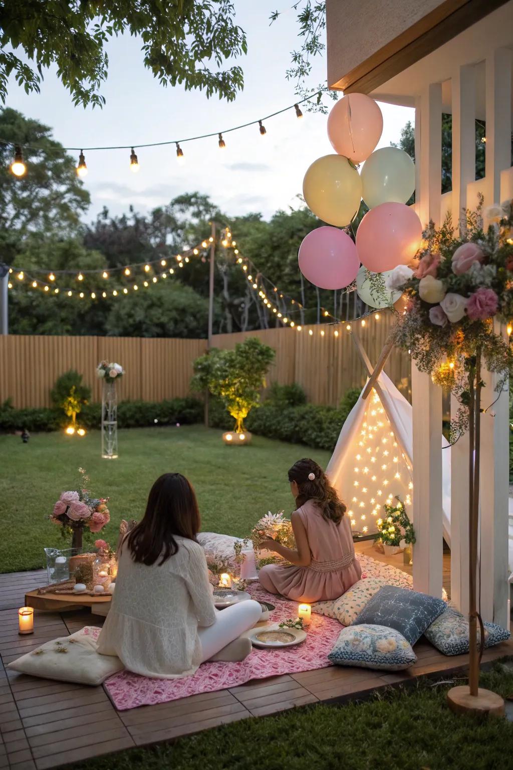 A chic outdoor celebration setup with comfortable floor seating for a relaxed gathering.