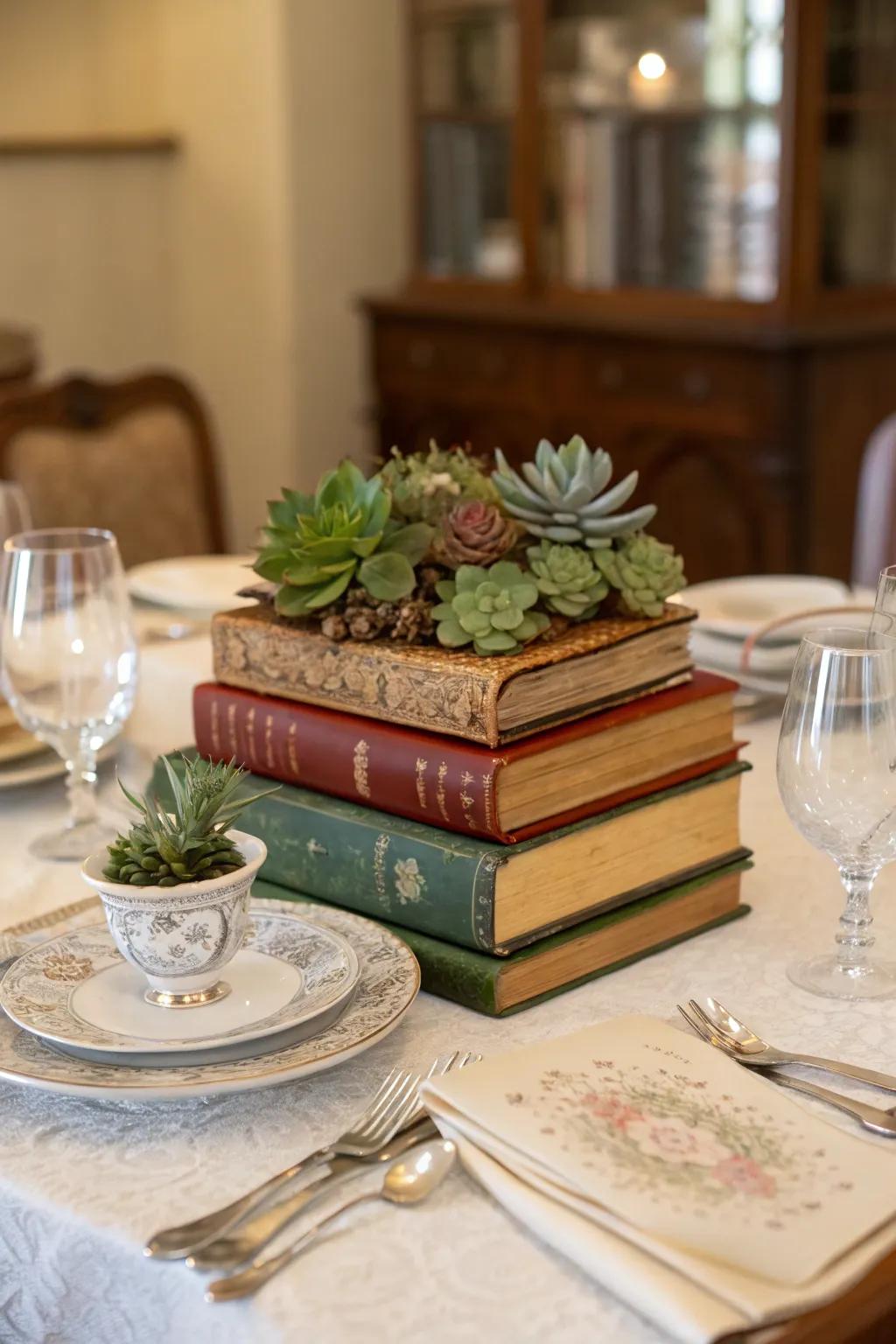 A timeless literature tower centerpiece ideal for book lovers.