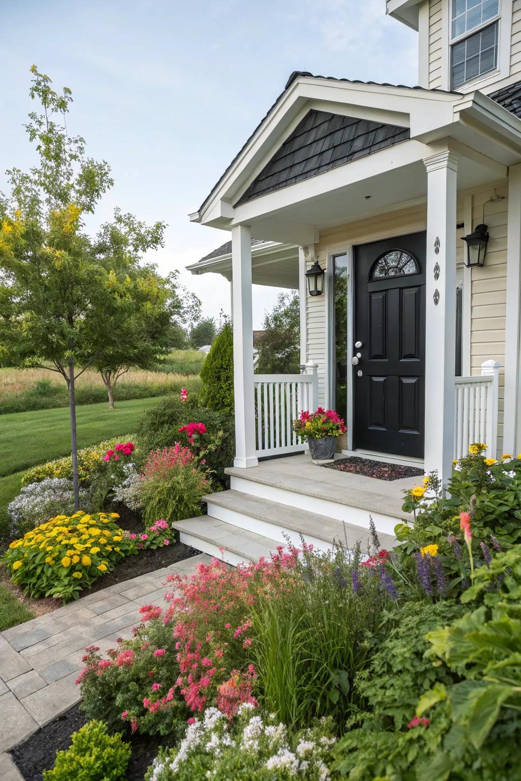An inviting entryway with a prominent dark front door.