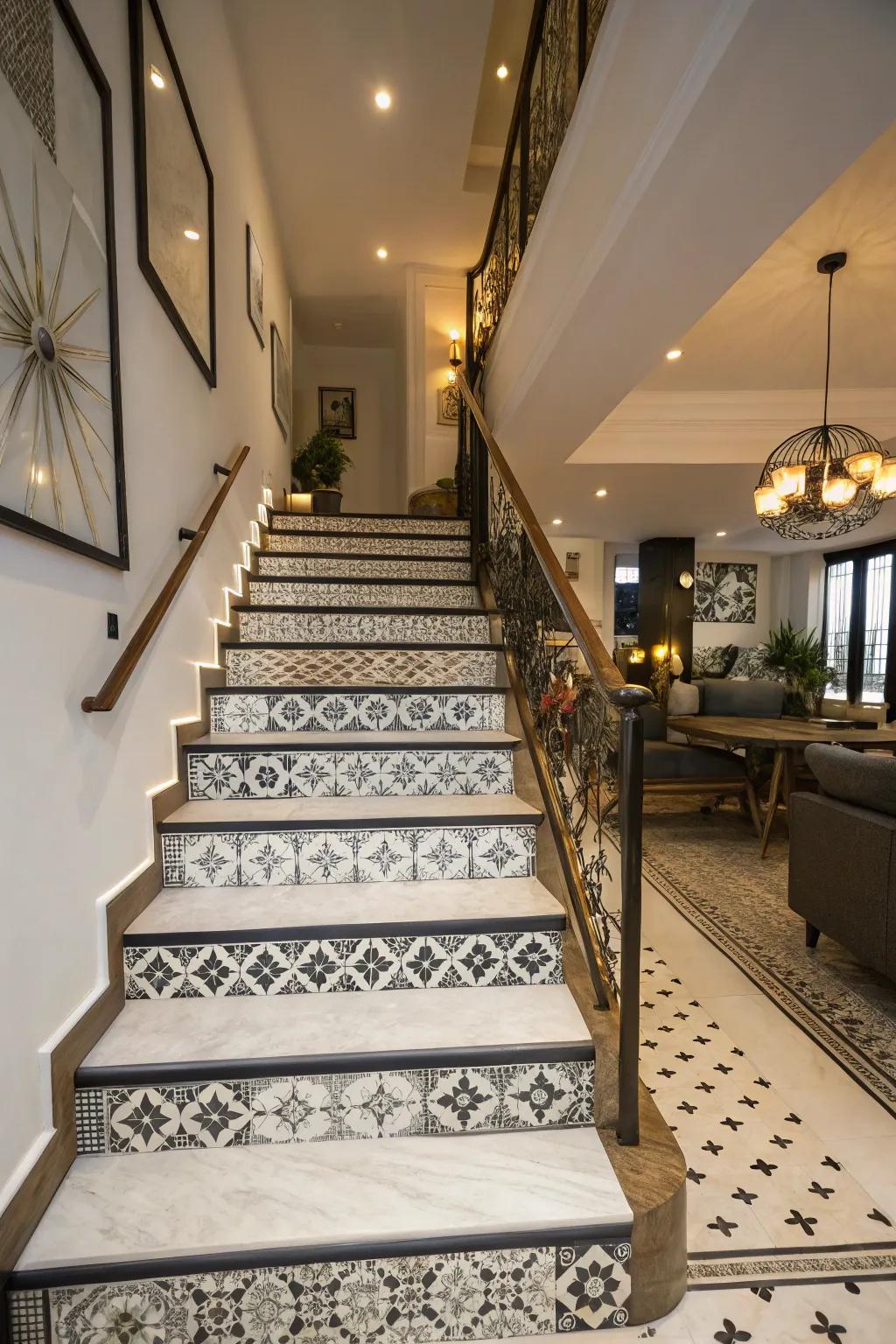 A staircase with black and white tiles offering both durability and style.
