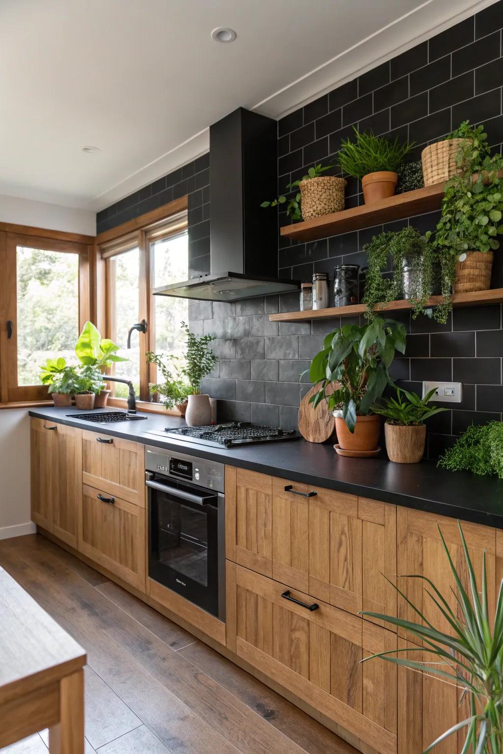 A kitchen where nature meets modern design with plants complementing the ebony backsplash.