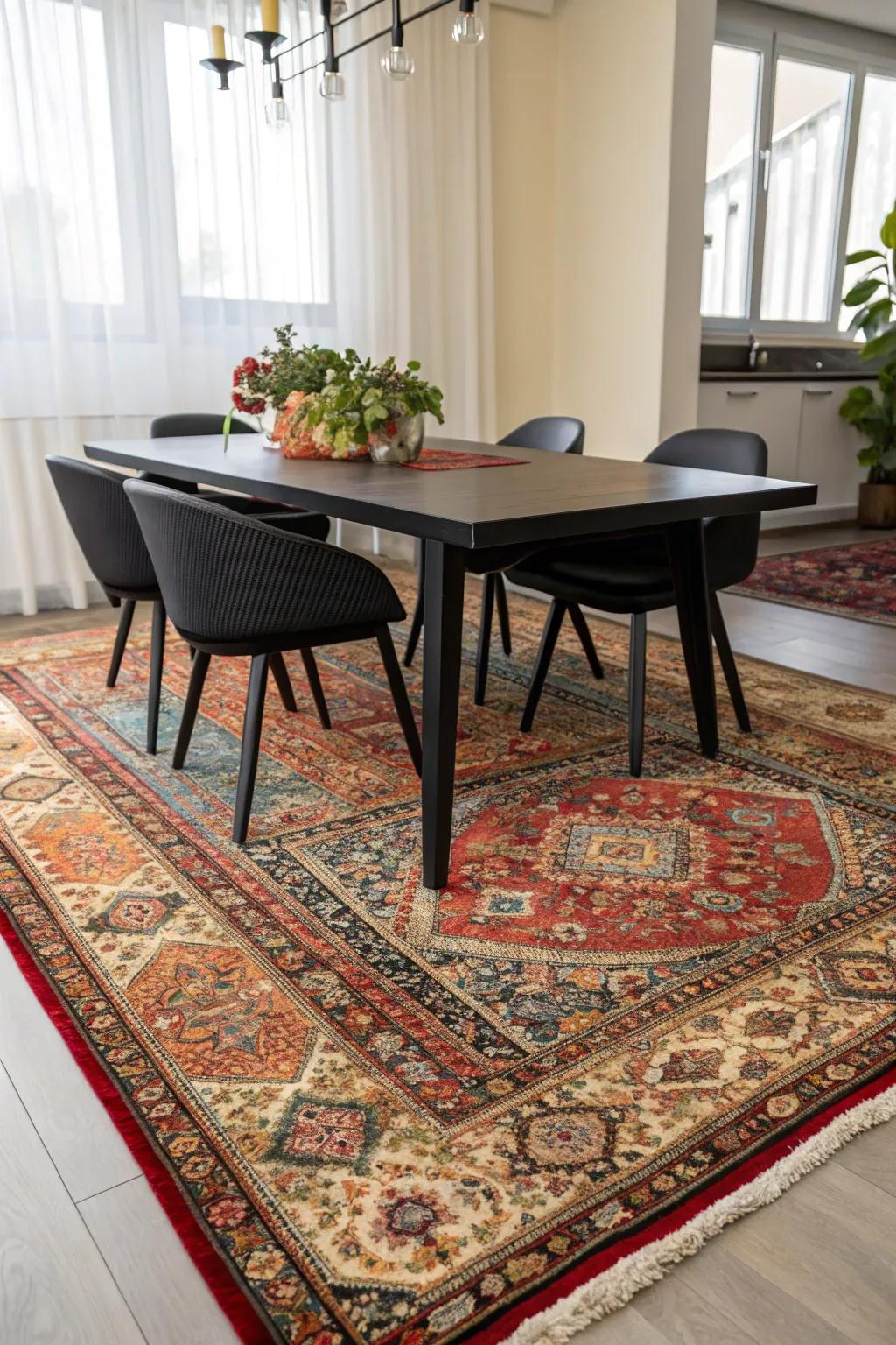 Stratified floor coverings append depth and texture.