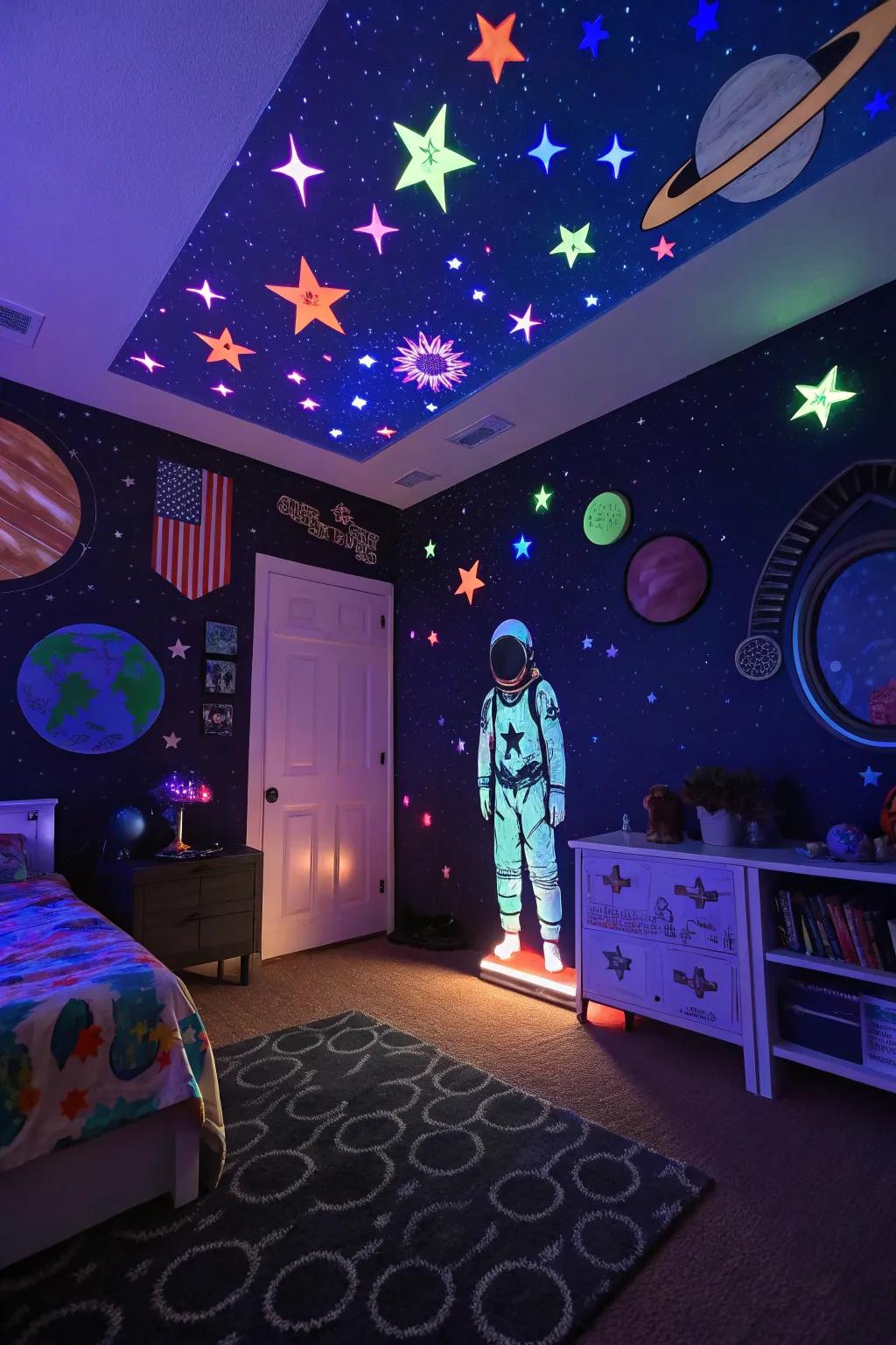 Space-themed decor transports you to another galaxy.