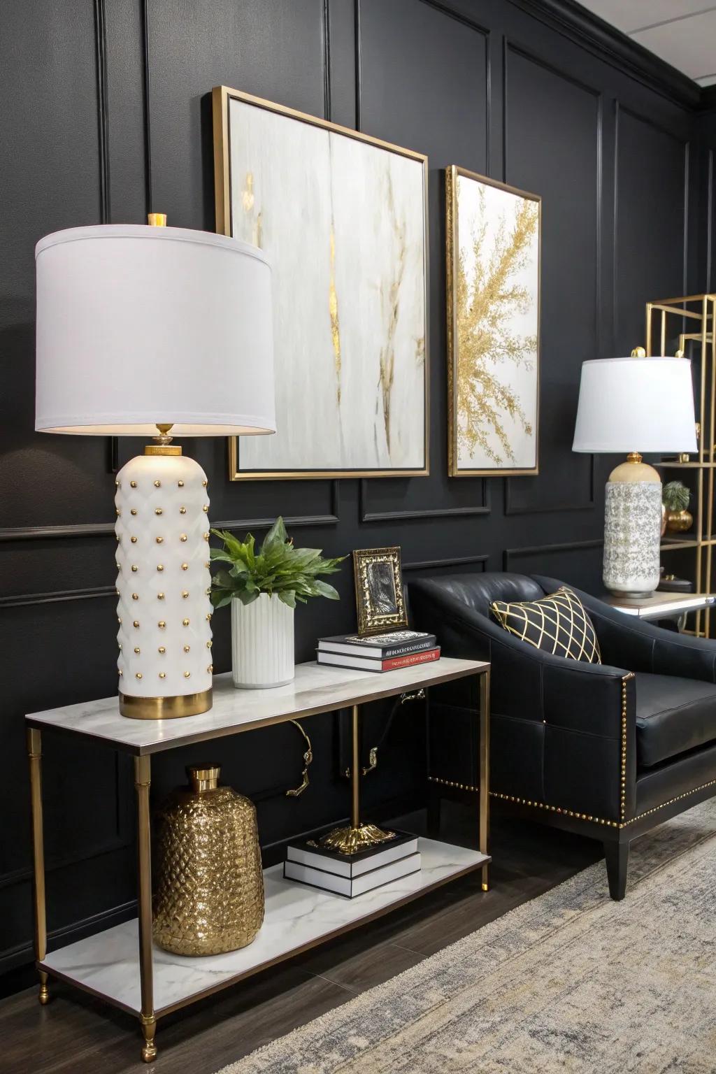 Opposing details instill harmony and visual intrigue into a charcoal office.