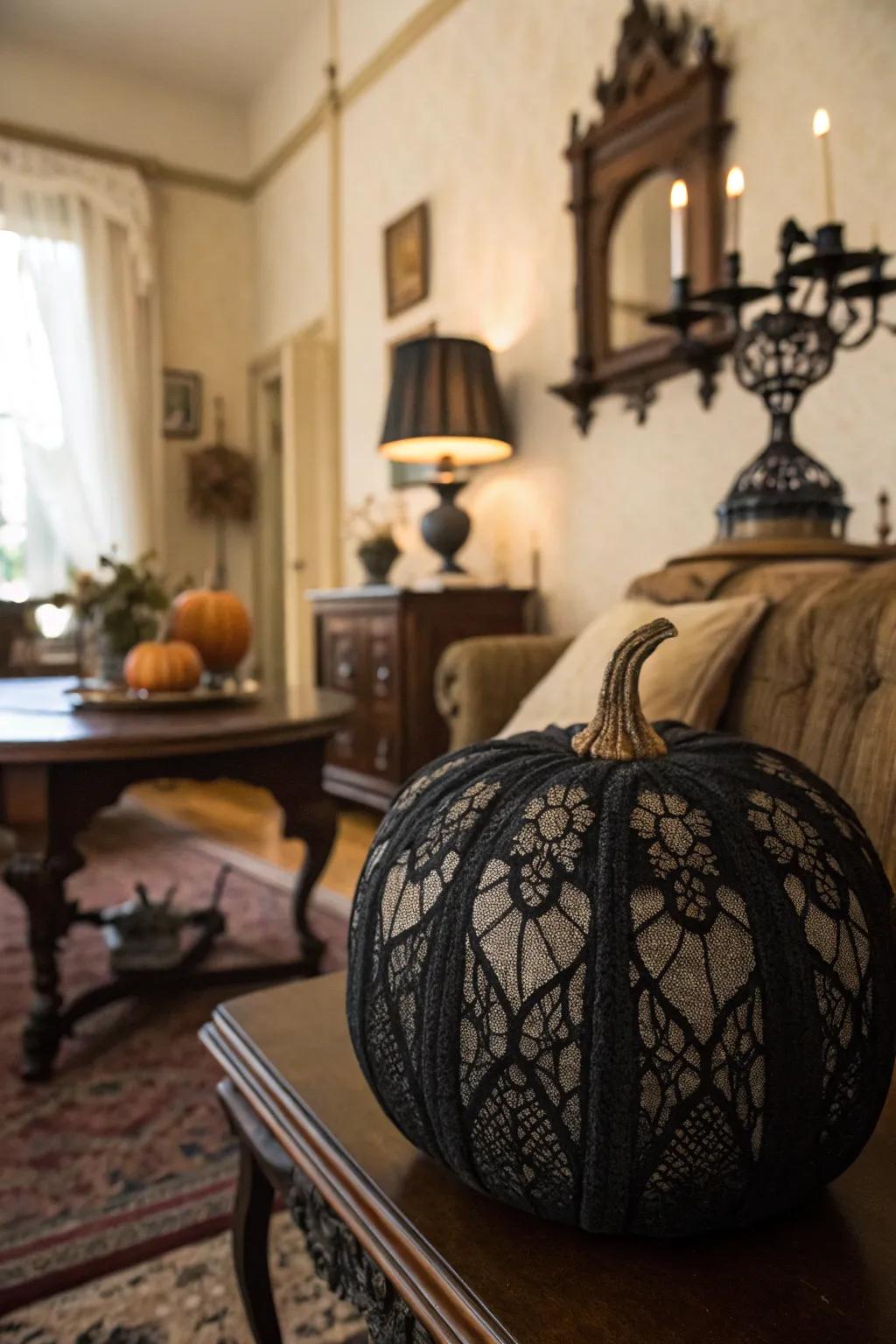 A dark-colored pumpkin with a netting overlay, merging sophistication and spookiness.