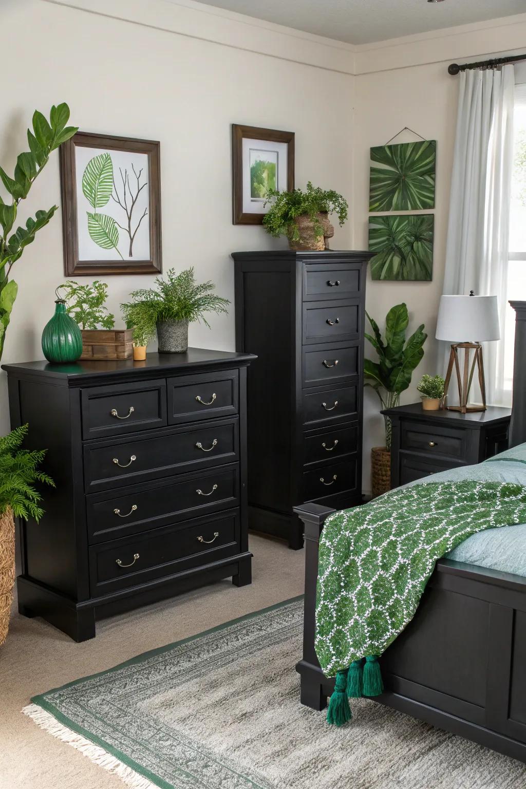Strong dark furniture creating a modern contrast with green decor.