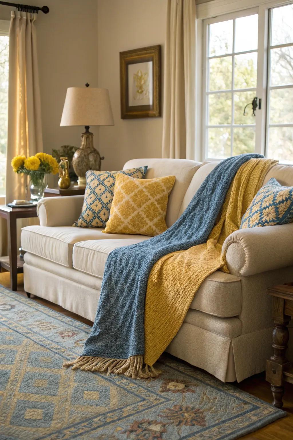 A sofa embellished with an azure and gold throw blanket for a snug touch.