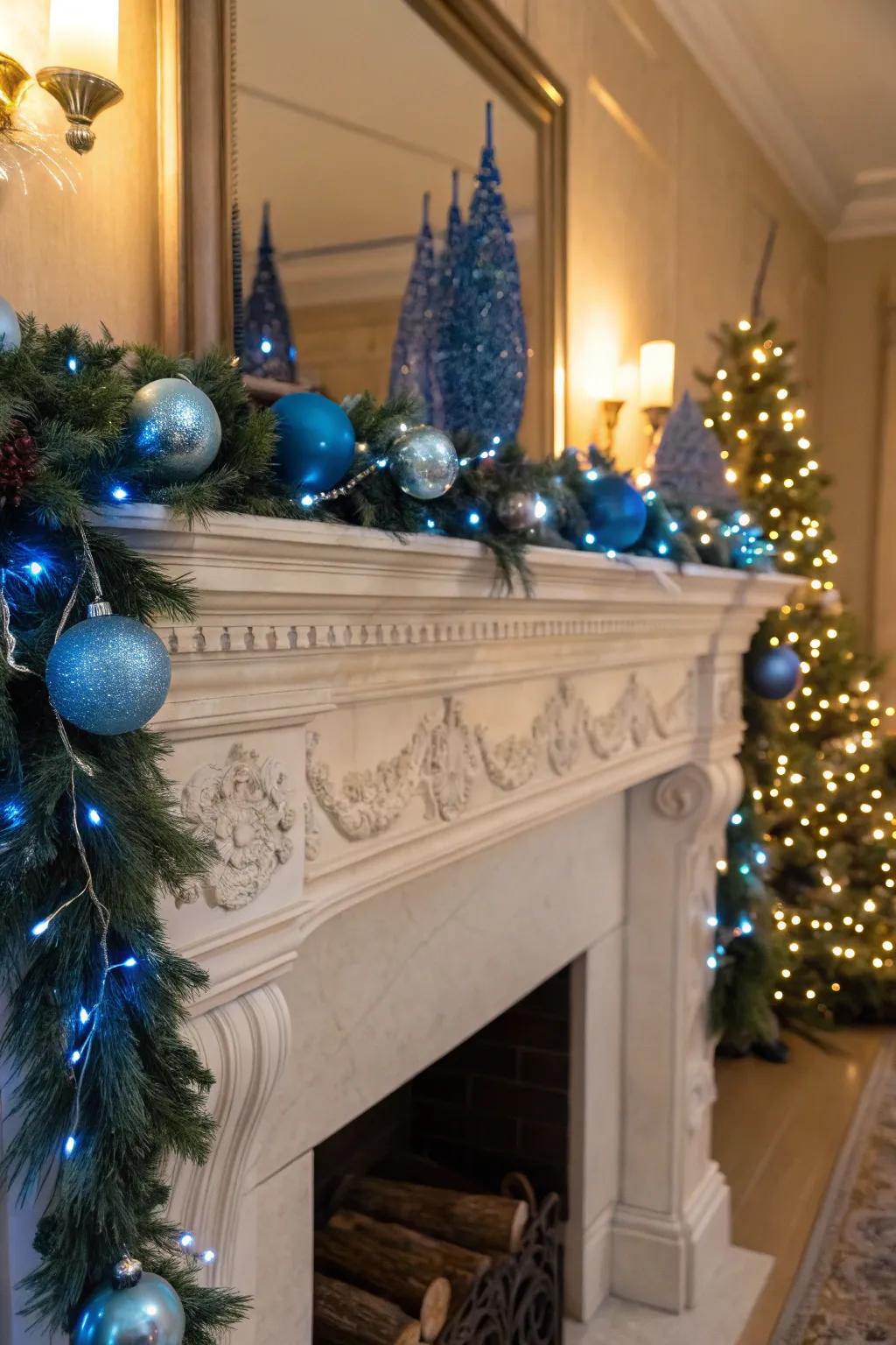 A cozy mantel styled in a blue Christmas theme