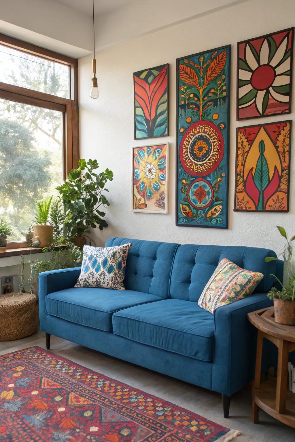 Striking artwork crafts a stark distinction with the cerulean sofa.