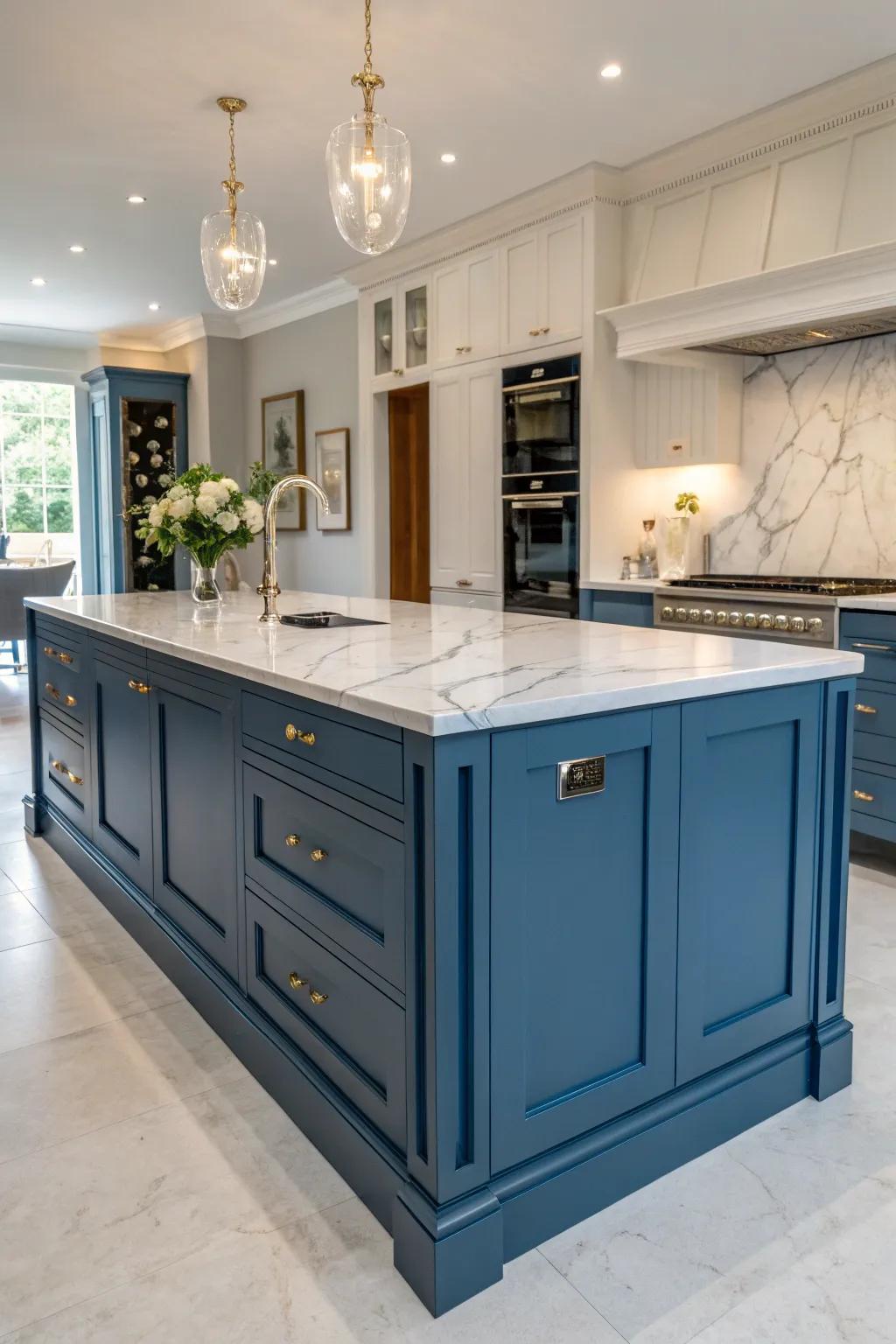 A stone worktop elevates the elegance of the cerulean kitchen island.