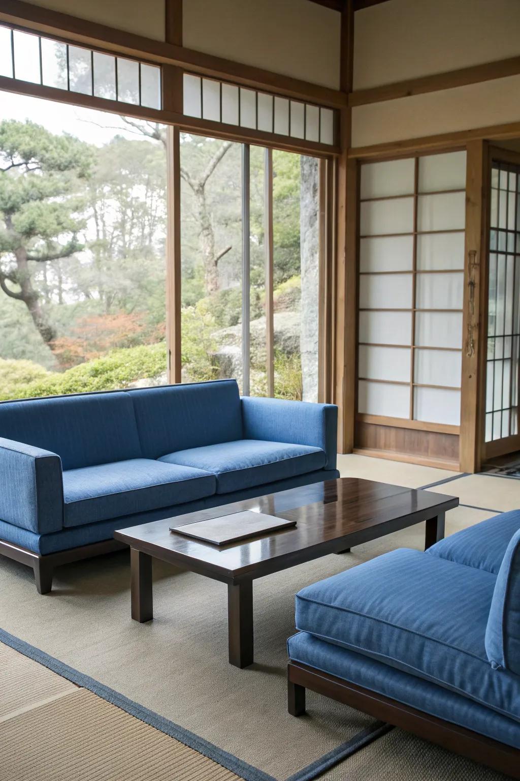 Uncomplicated furniture ensures that the blue aesthetic stands out gracefully.