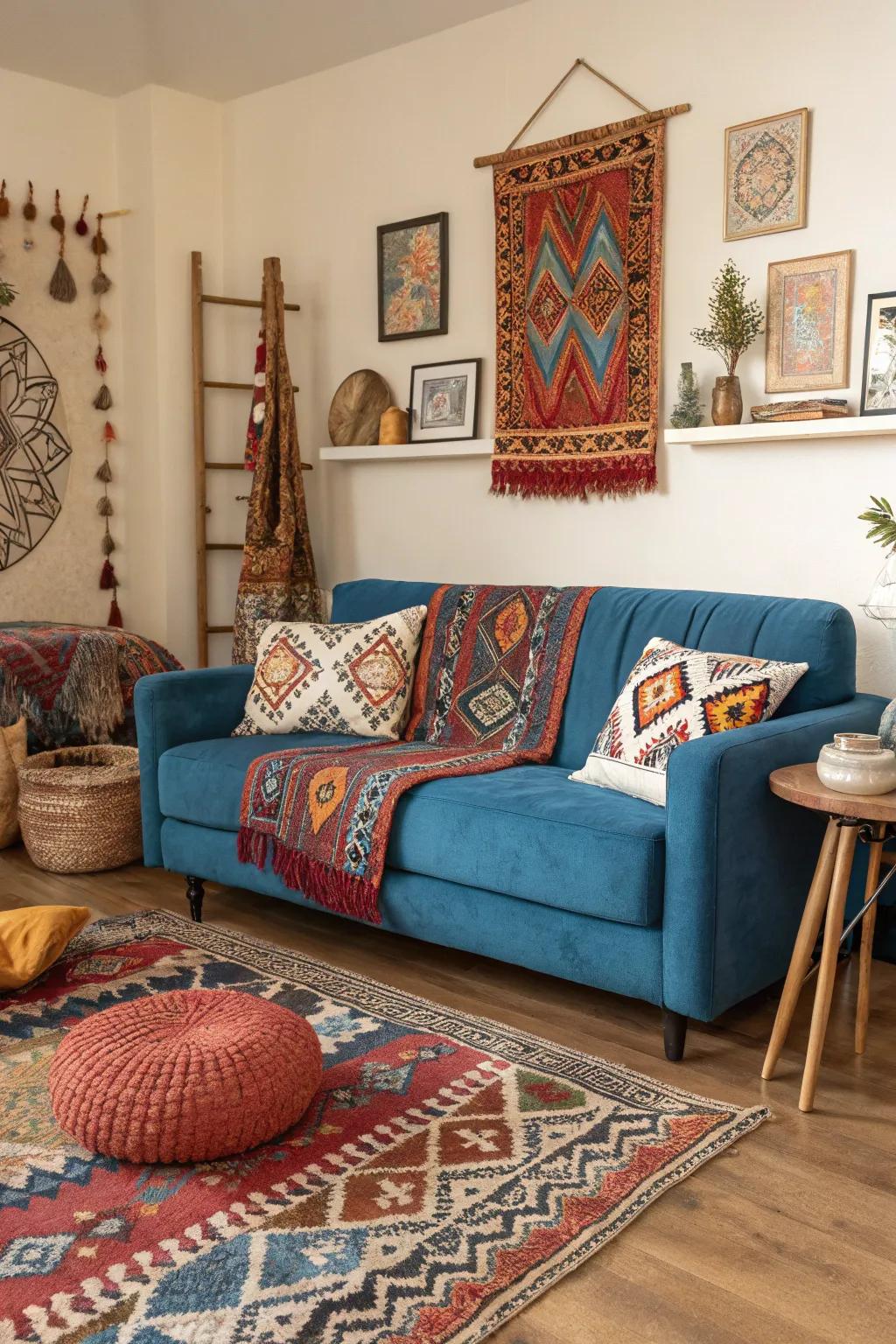 Diverse designs bring personality to a cerulean couch arrangement.