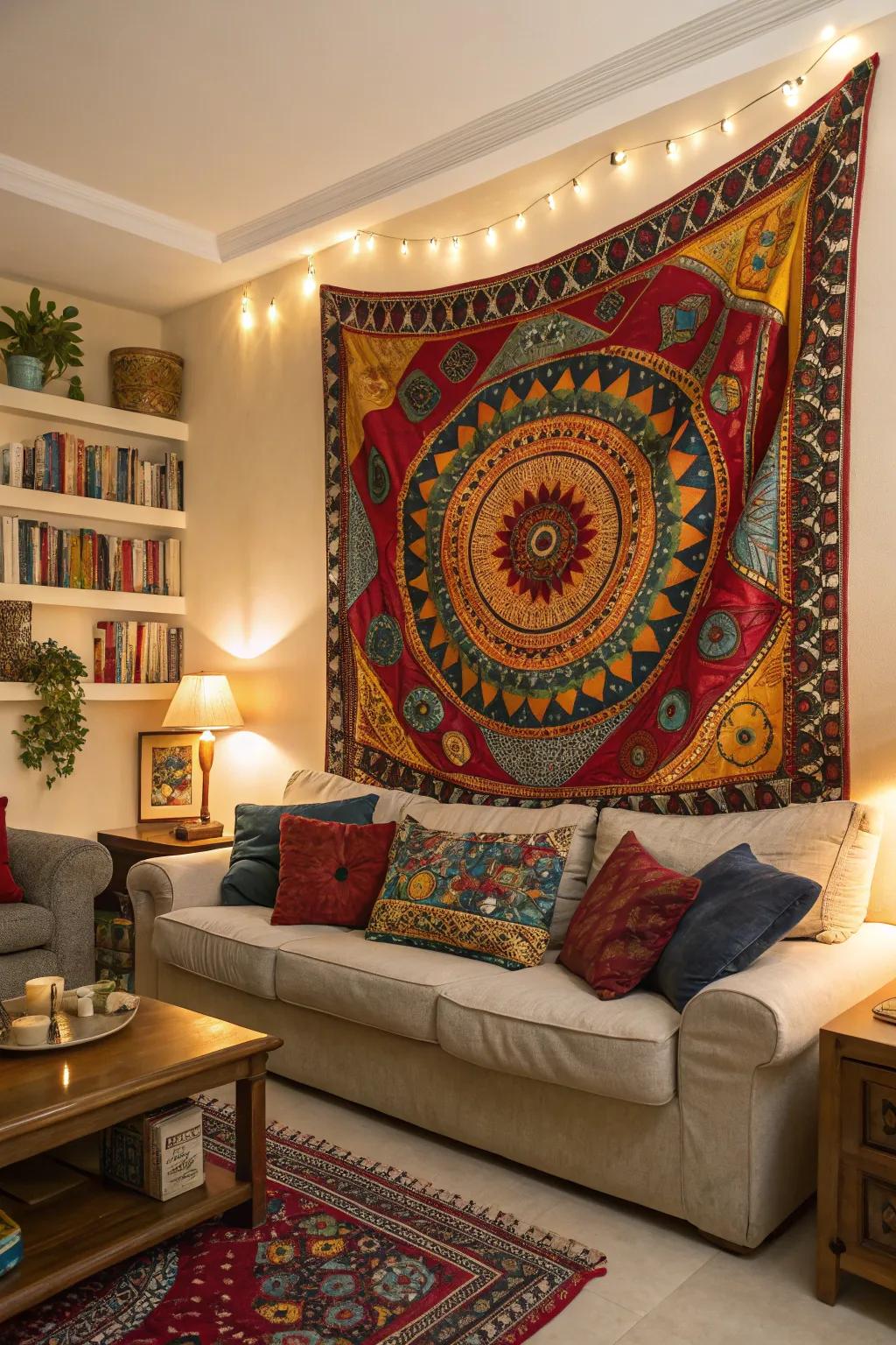 A lounge featuring a vibrant tapestry as a focal point.
