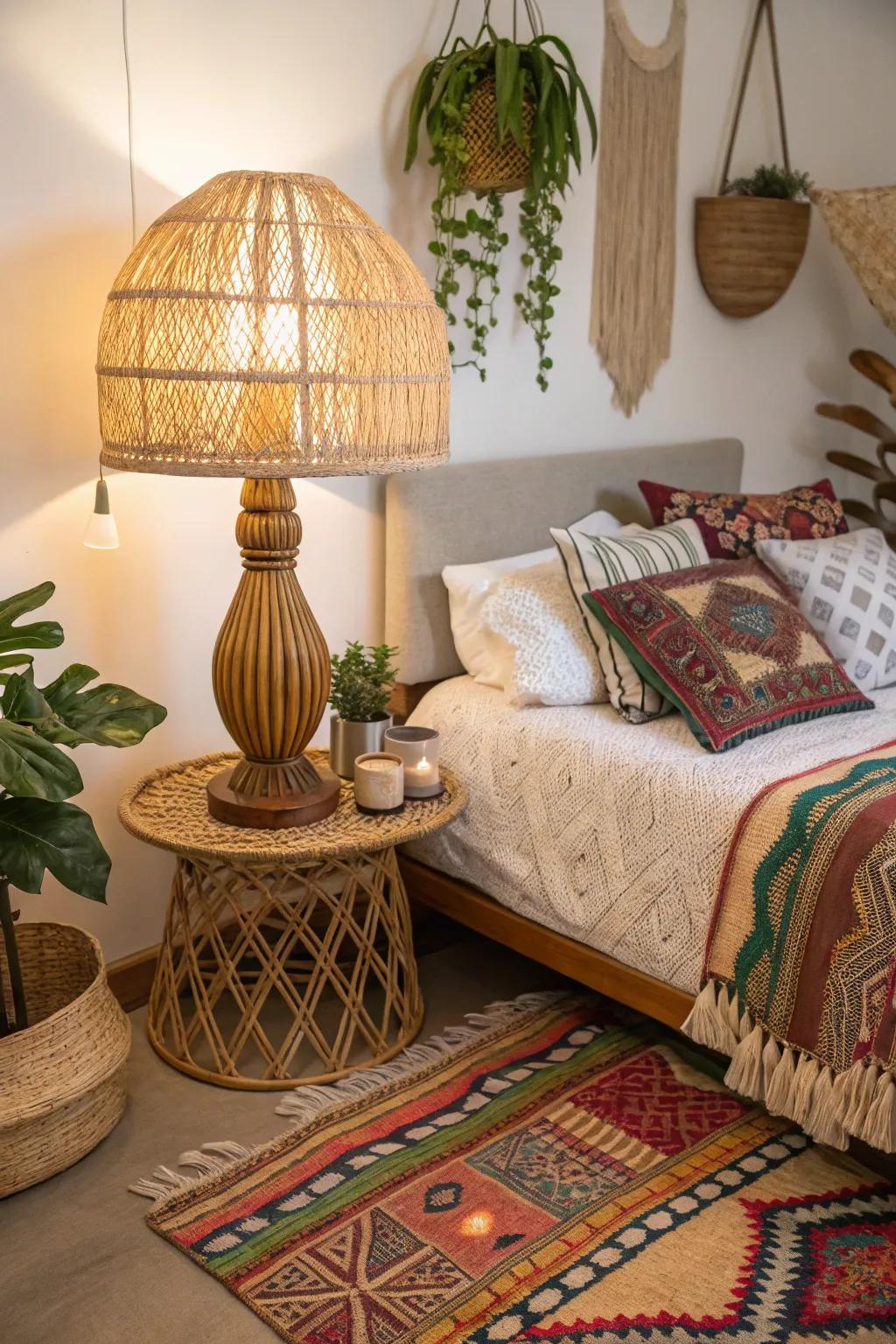 A wicker lampshade includes a natural, boho sensation to this master bedroom.