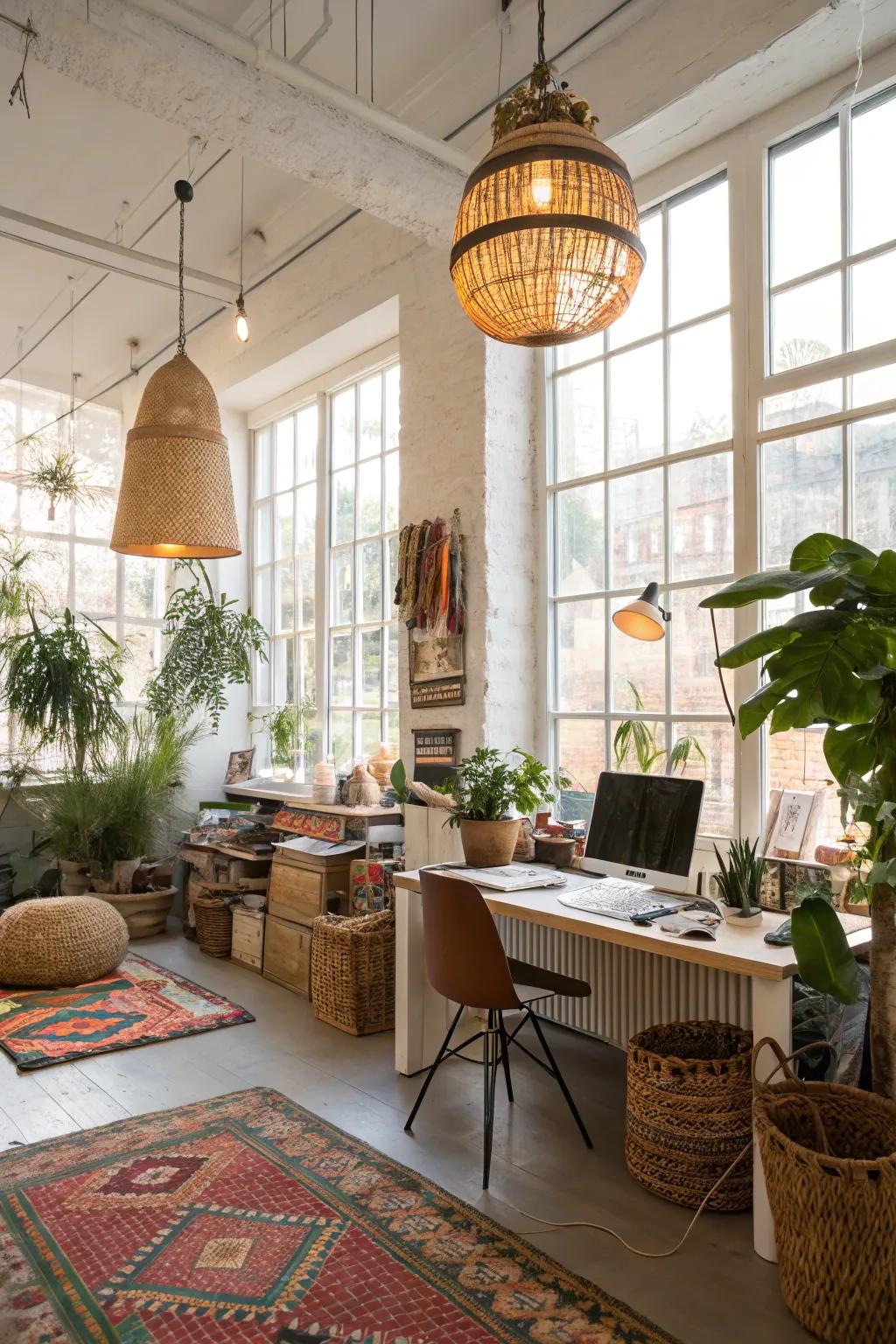 Natural and pendant lighting create a warm, inviting office space.