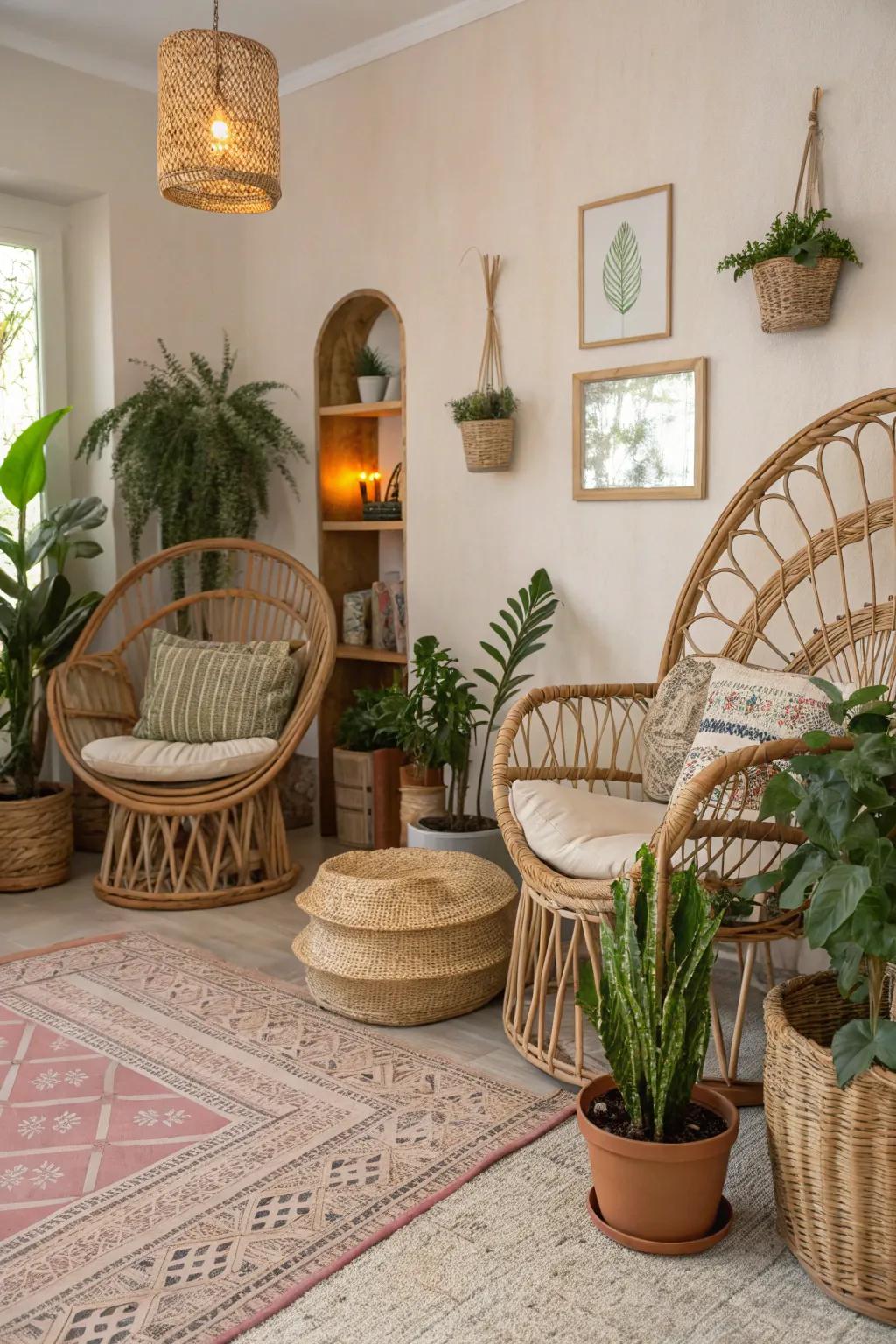 Natural compositions add an earthy accent to bohemian design.