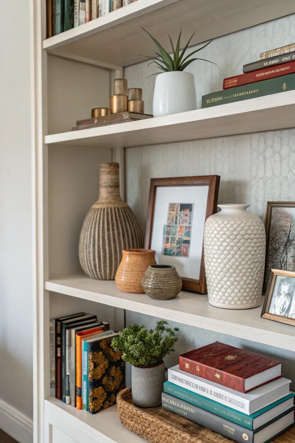 Layered decor aspects fashion depth and visual intrigue on a bookshelf.