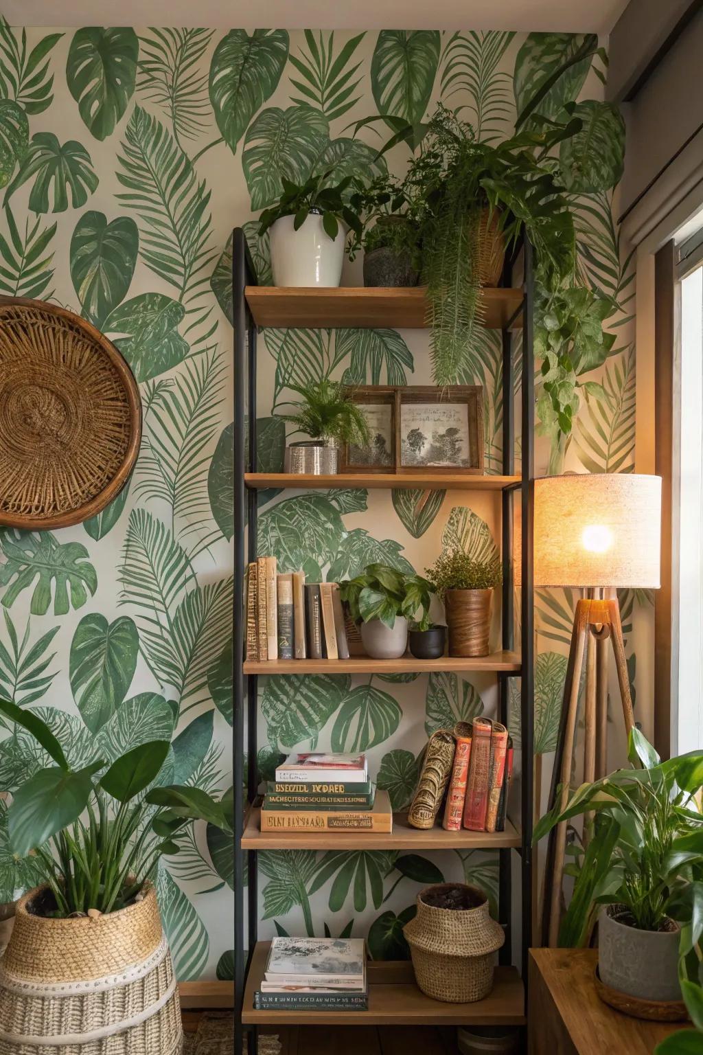 A bookshelf featuring verdant botanical wallpaper, presenting a revitalizing, natural appearance.