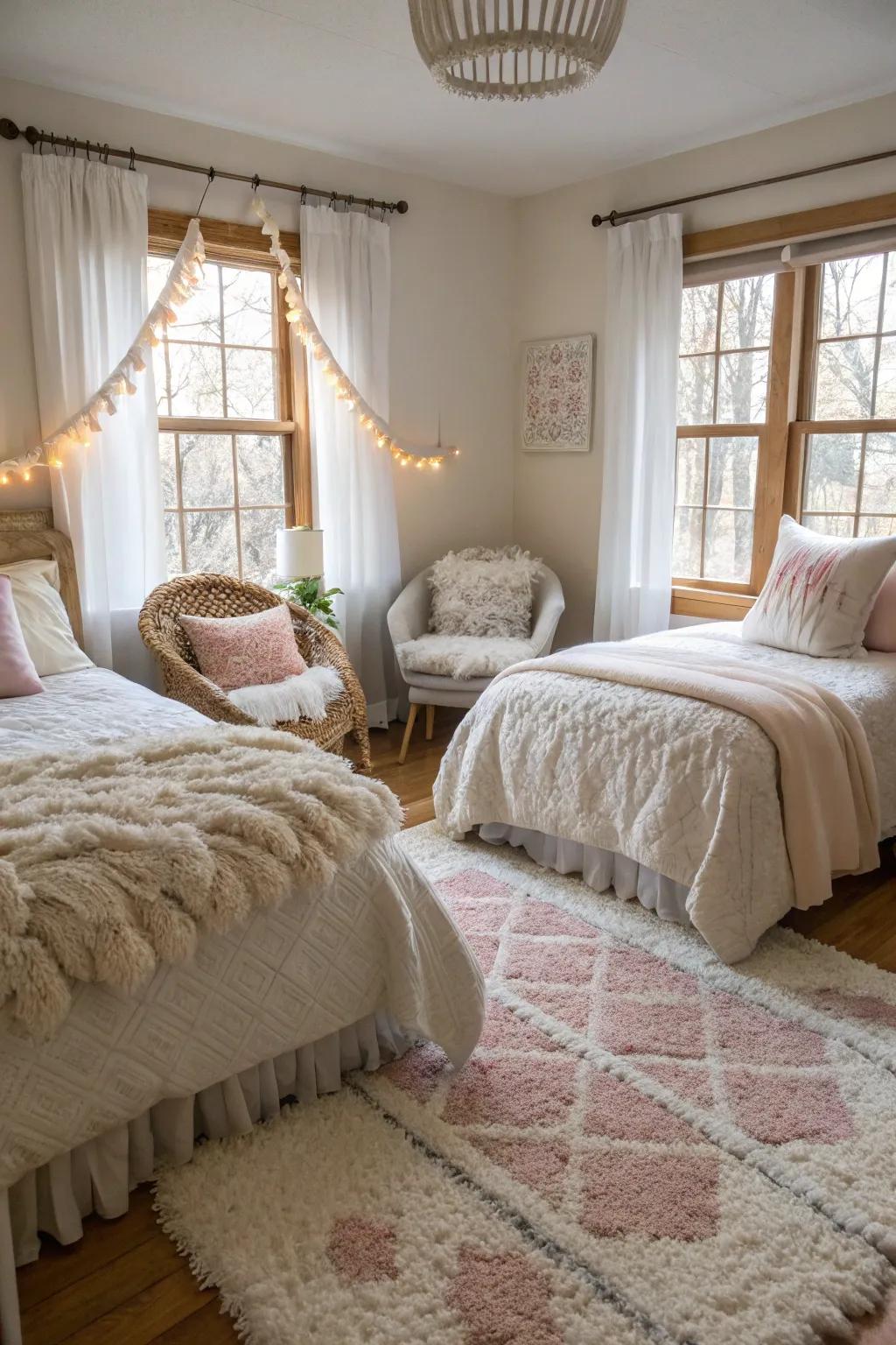 Soft textiles bring warmth and comfort to a combined space.