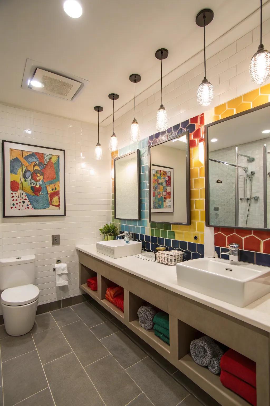 Up-to-the-minute illumination imparts a contemporary nuance to a boys' lavatory.