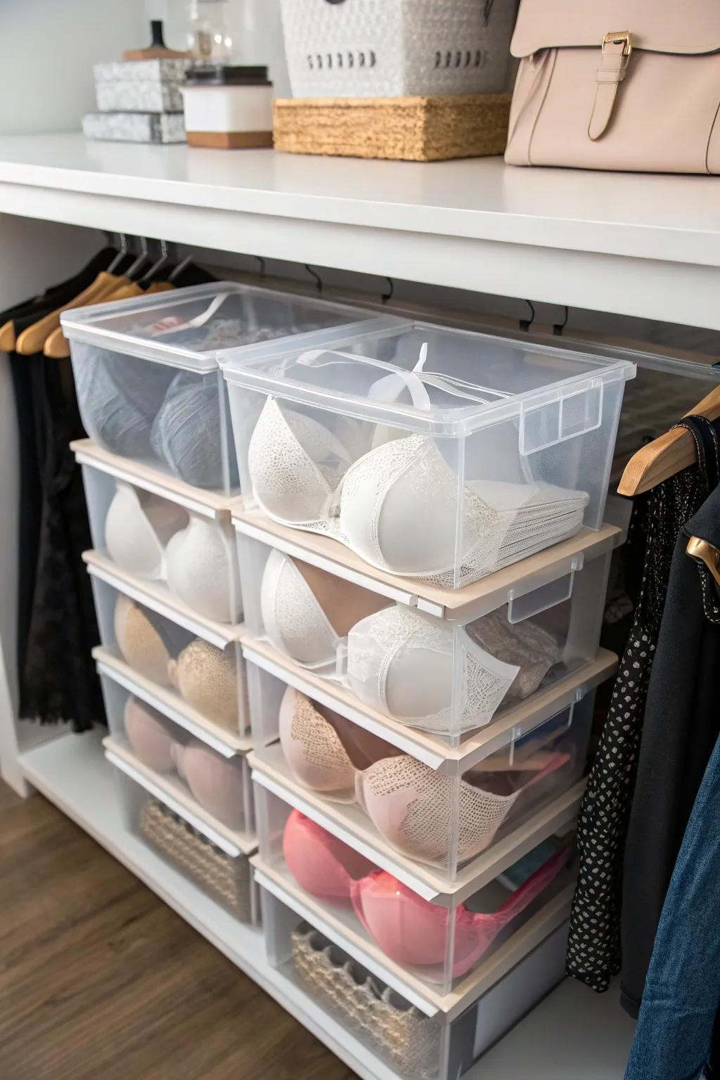 Maintain noticeable and arranged bras with stackable containers.