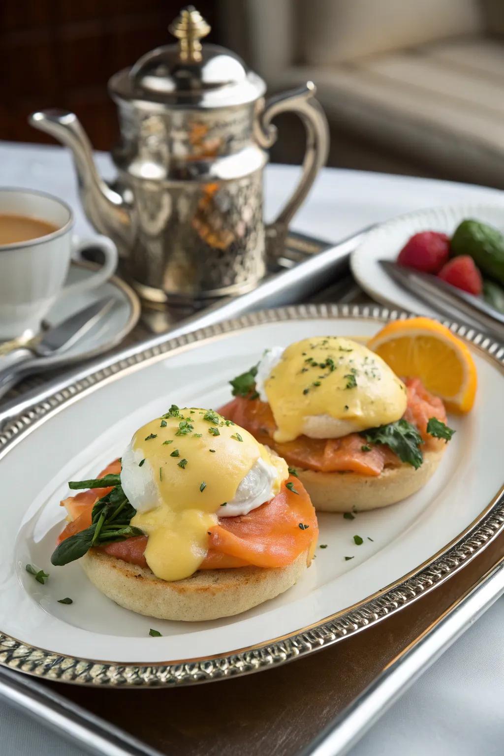Eggs Benedict with smoked salmon brings a gourmet flair to your morning.