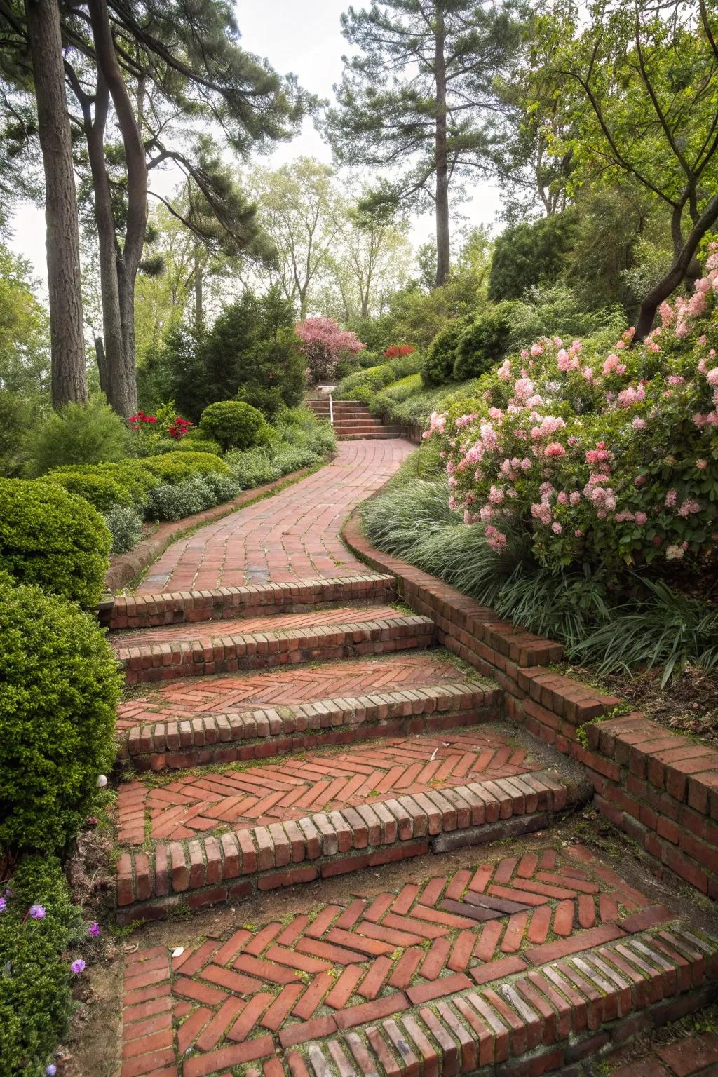 Herringbone brick steps offering a stylish design.