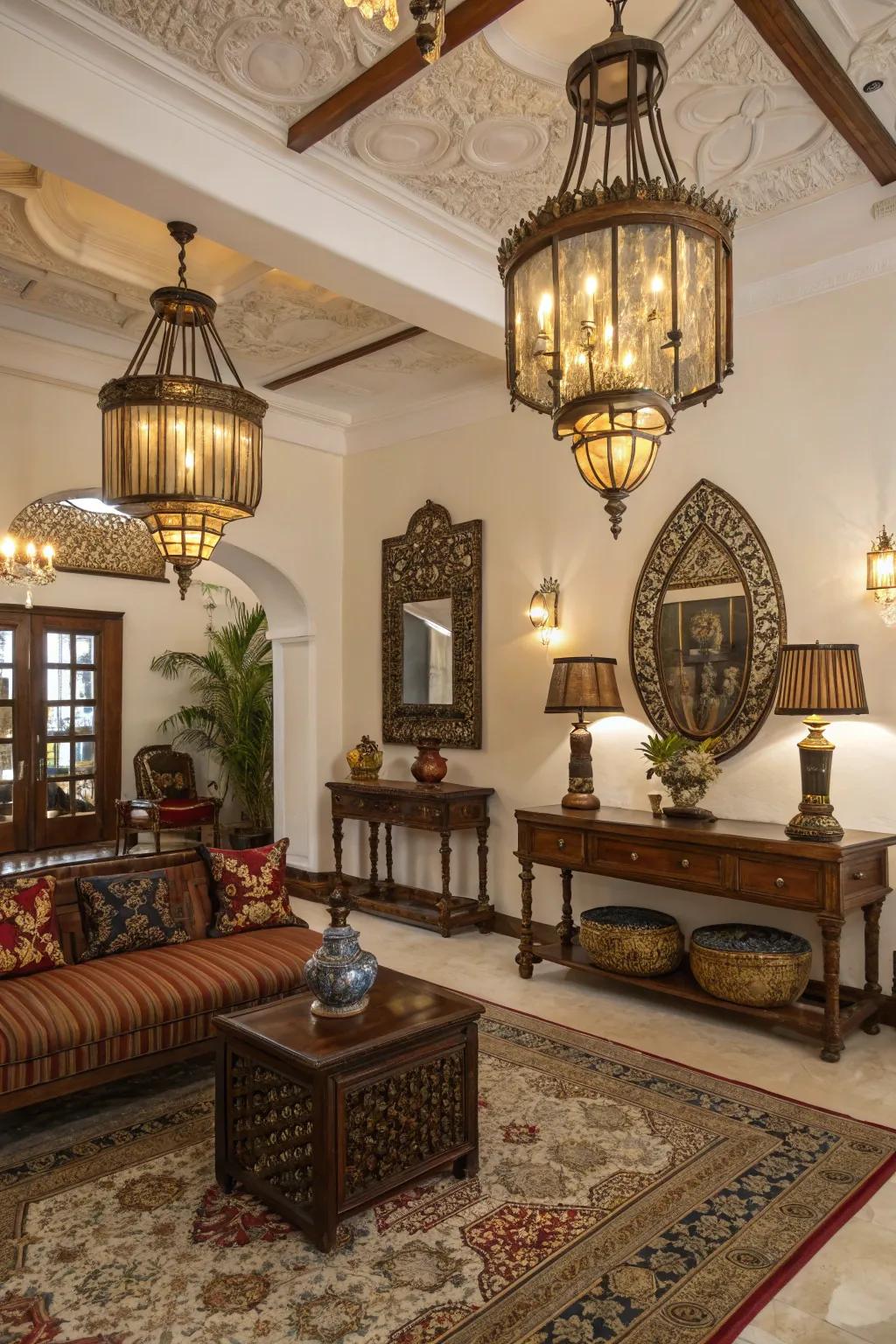 Brass and glass radiance enhances colonial elegance.