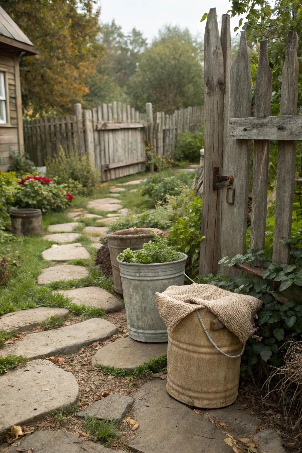 Buckets wrapped in burlap crafting a rustic garden atmosphere.