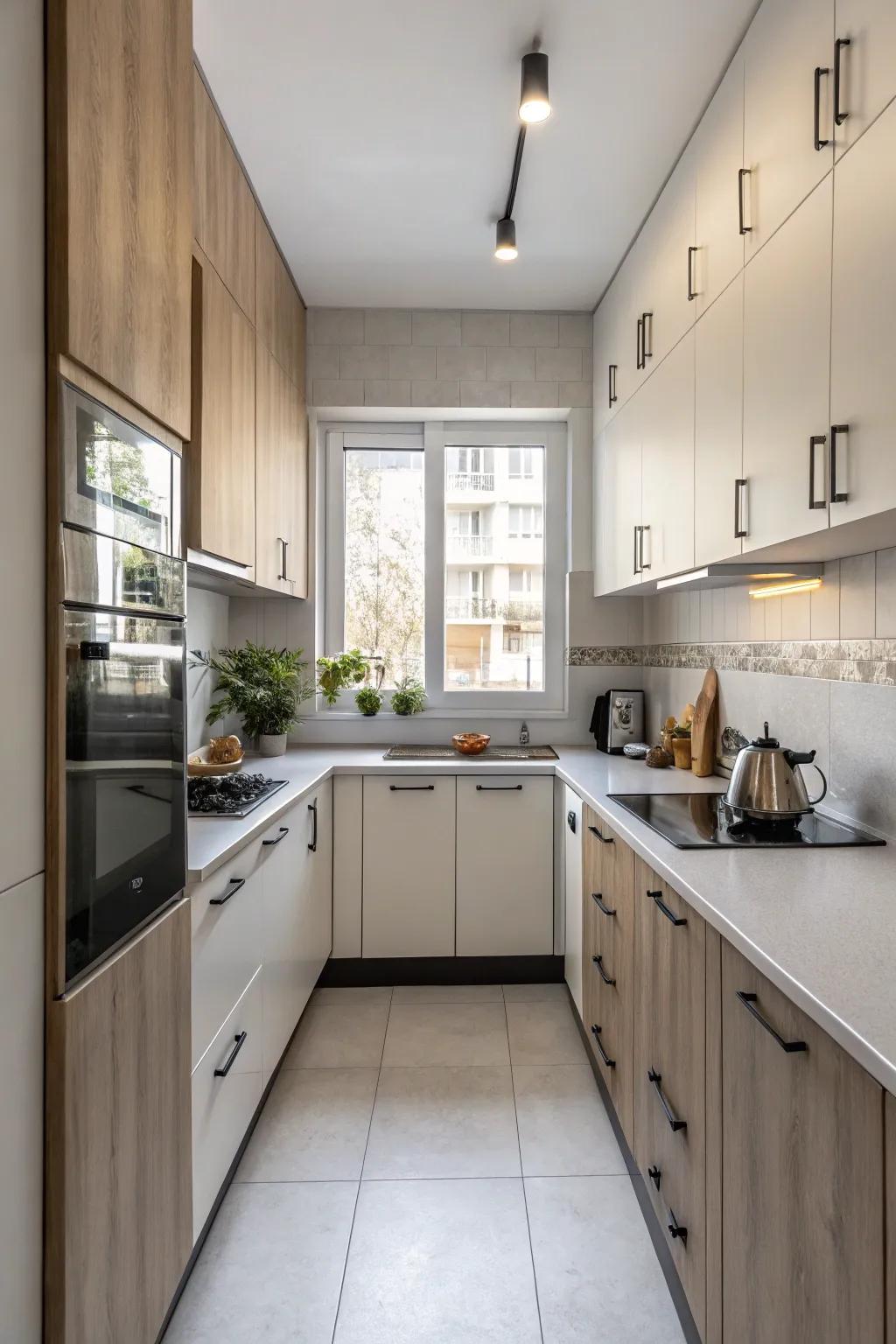 Varying casework brings stylish sophistication to this small kitchen.
