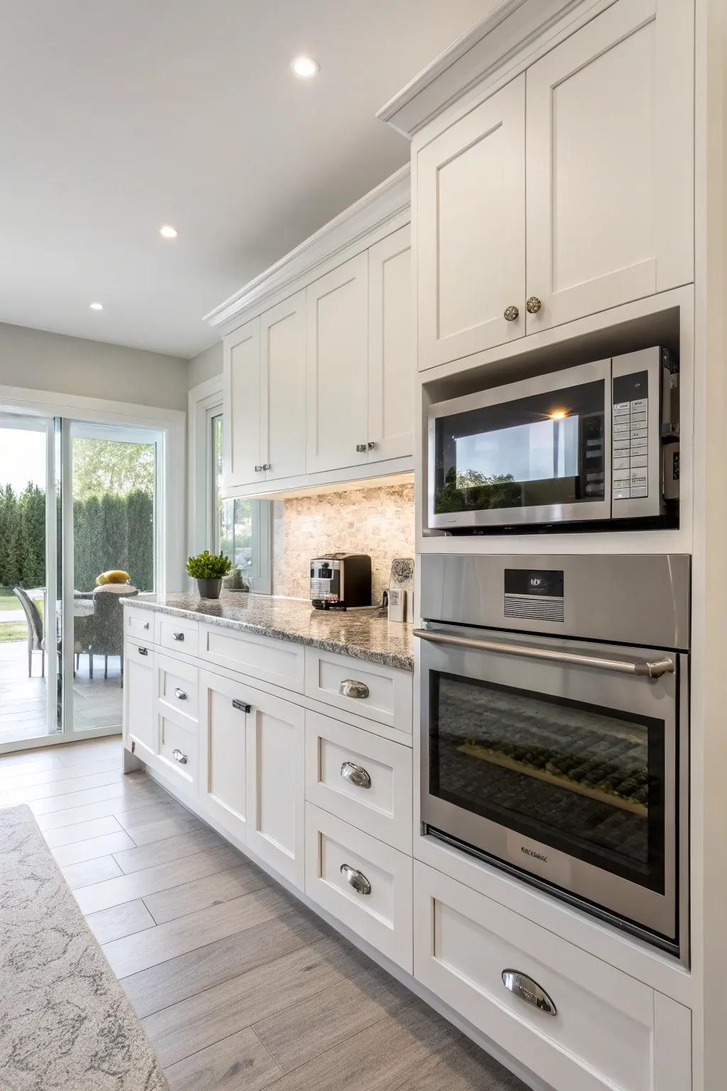 Contemporary kitchen featuring a slide-out cabinet for the microwave.