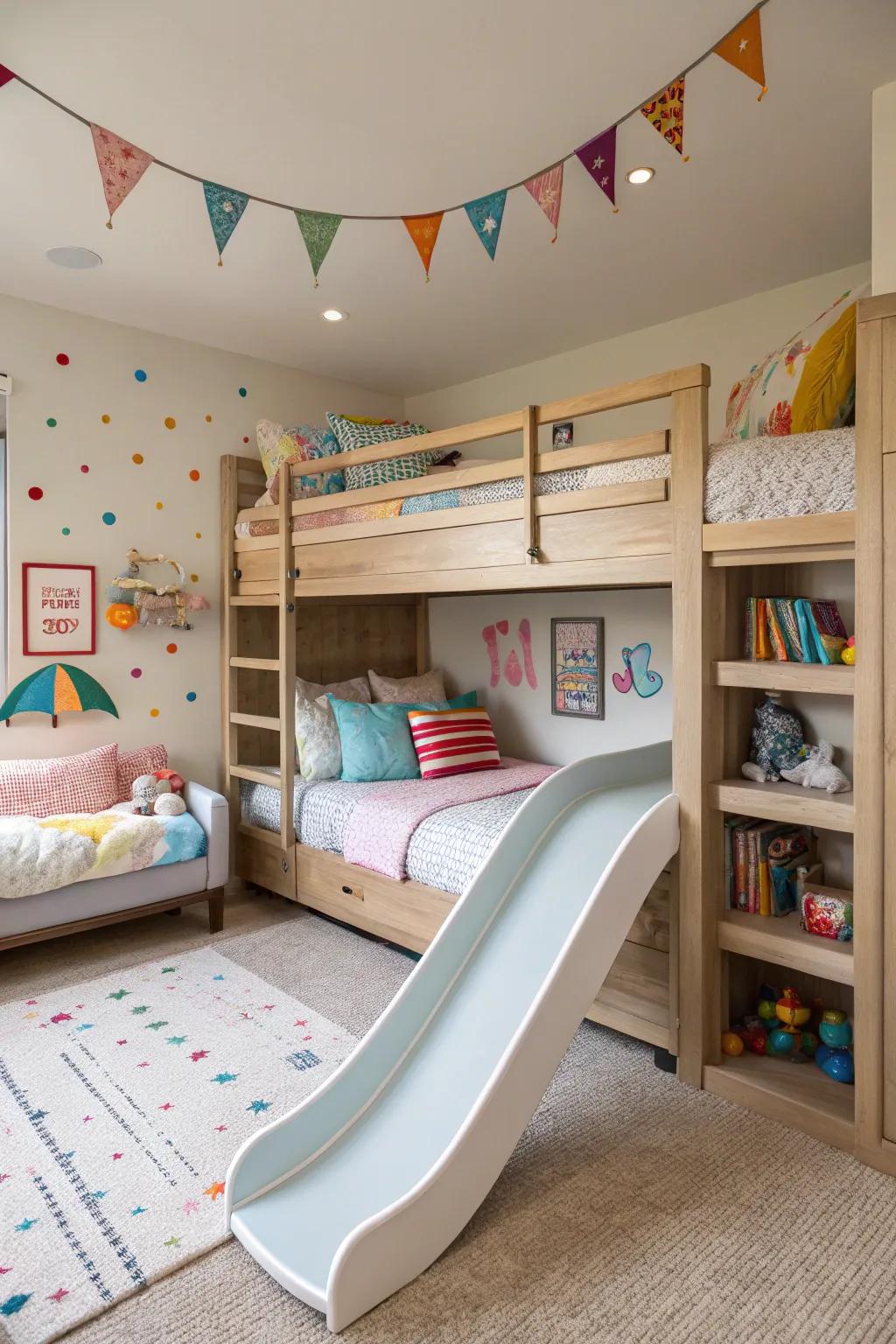 Add a playful slide for a fun and whimsical bedroom element.