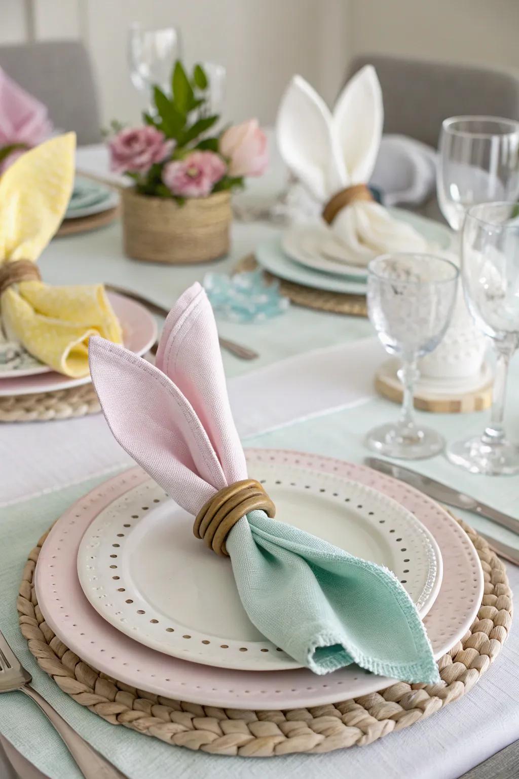 Whimsical rabbit ear napkin rings add charm to the table.