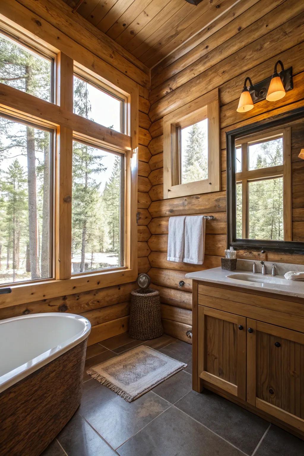 A cabin bathroom with expansive windows providing an outdoor view.