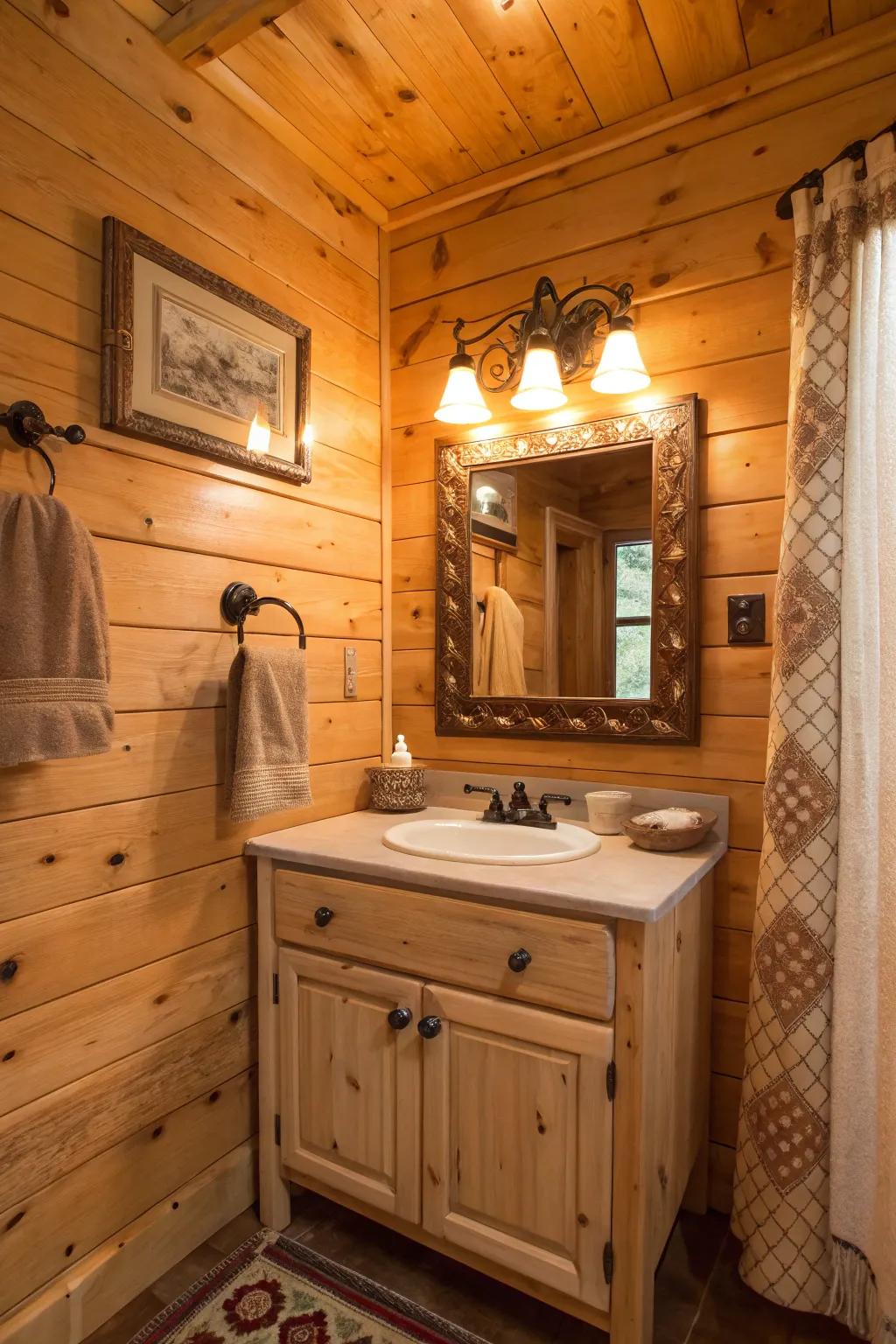 Warm lighting enhances the snug feel of a cabin bathroom.