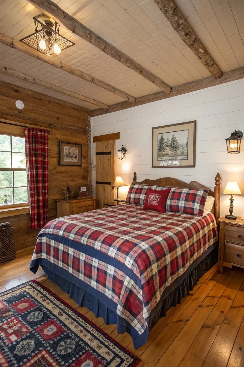A cabin bedroom that features checkered bedding and traditional designs.