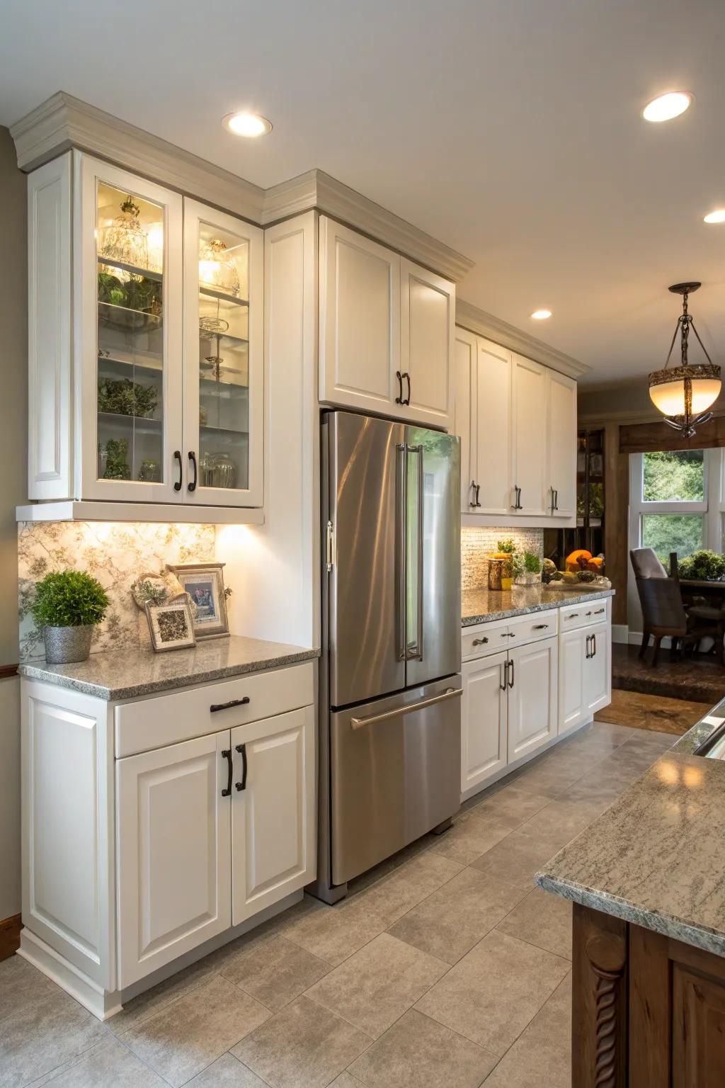 Bespoke cabinets above the refrigerator provide a custom-tailored and harmonious look.