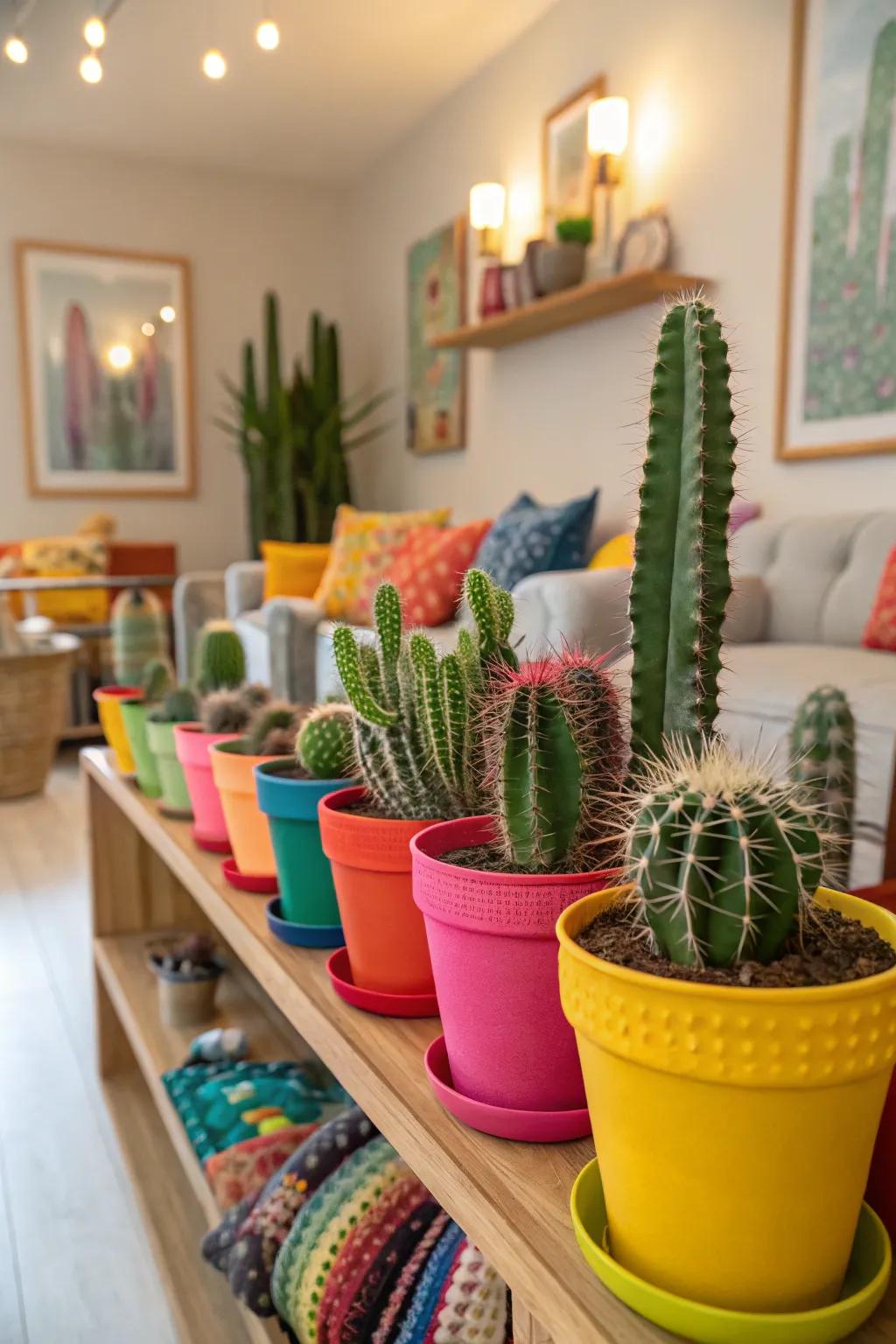 Vibrant painted containers add a dash of color to your cactus selection.