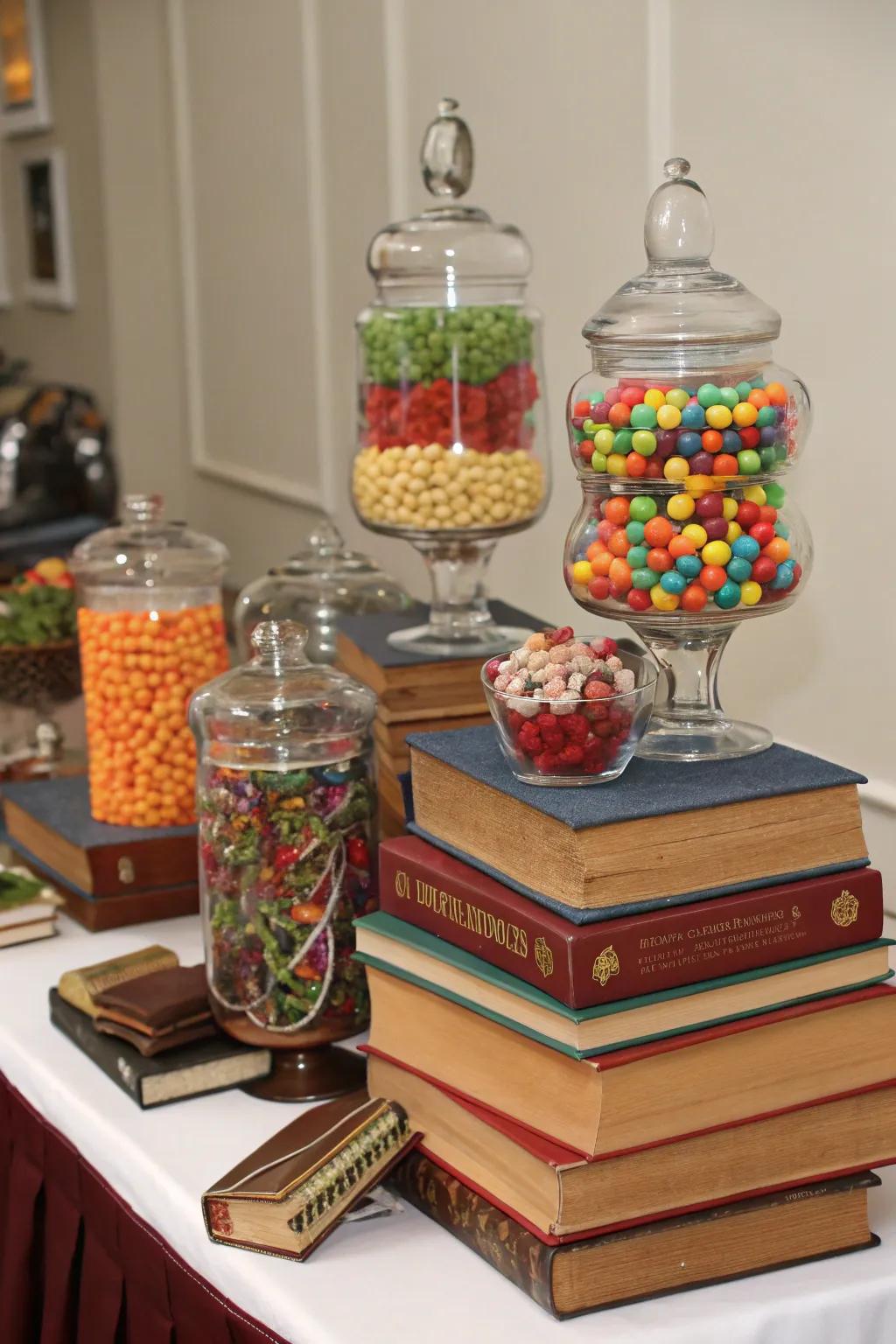Stacked books establish elegant height disparities in your candy display.