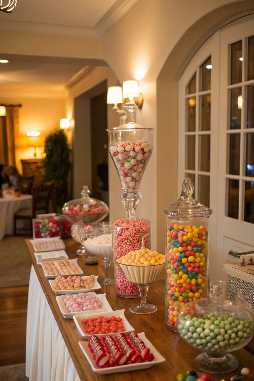 A symmetrically arranged sweets table with balanced displays