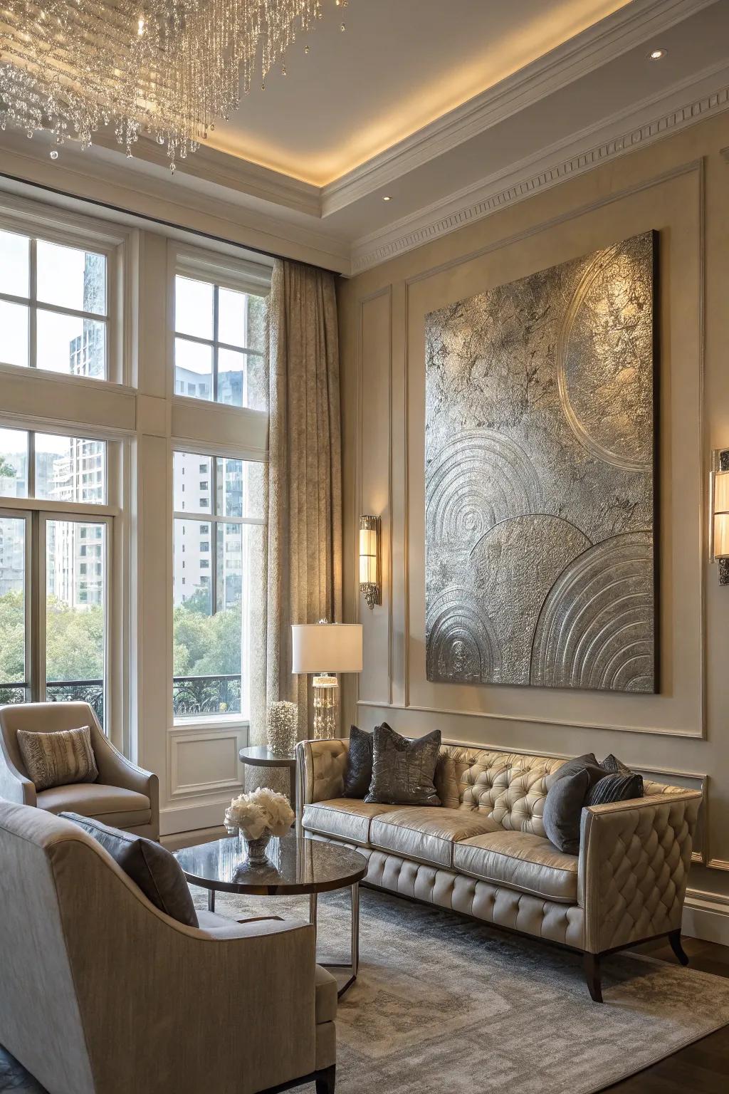 Textured and metallic art adds depth and glamour.