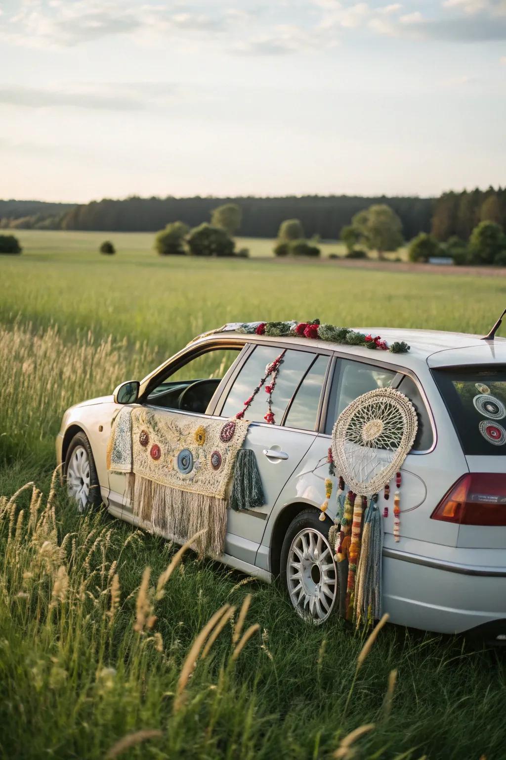 A car radiating bohemian vibes, ready for a music festival adventure.