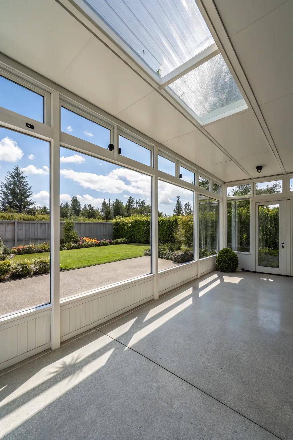 An enclosed carport with ample protection and natural light.