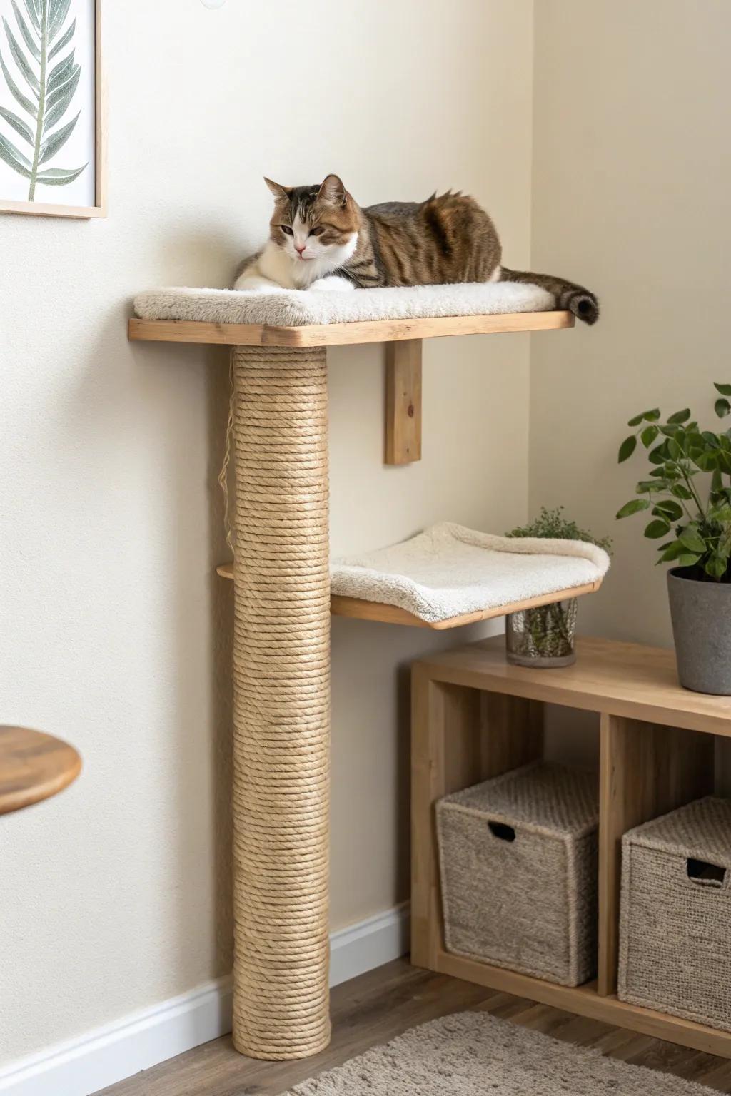 Wall-mounted scratcher and lounger mix for lively relaxation.